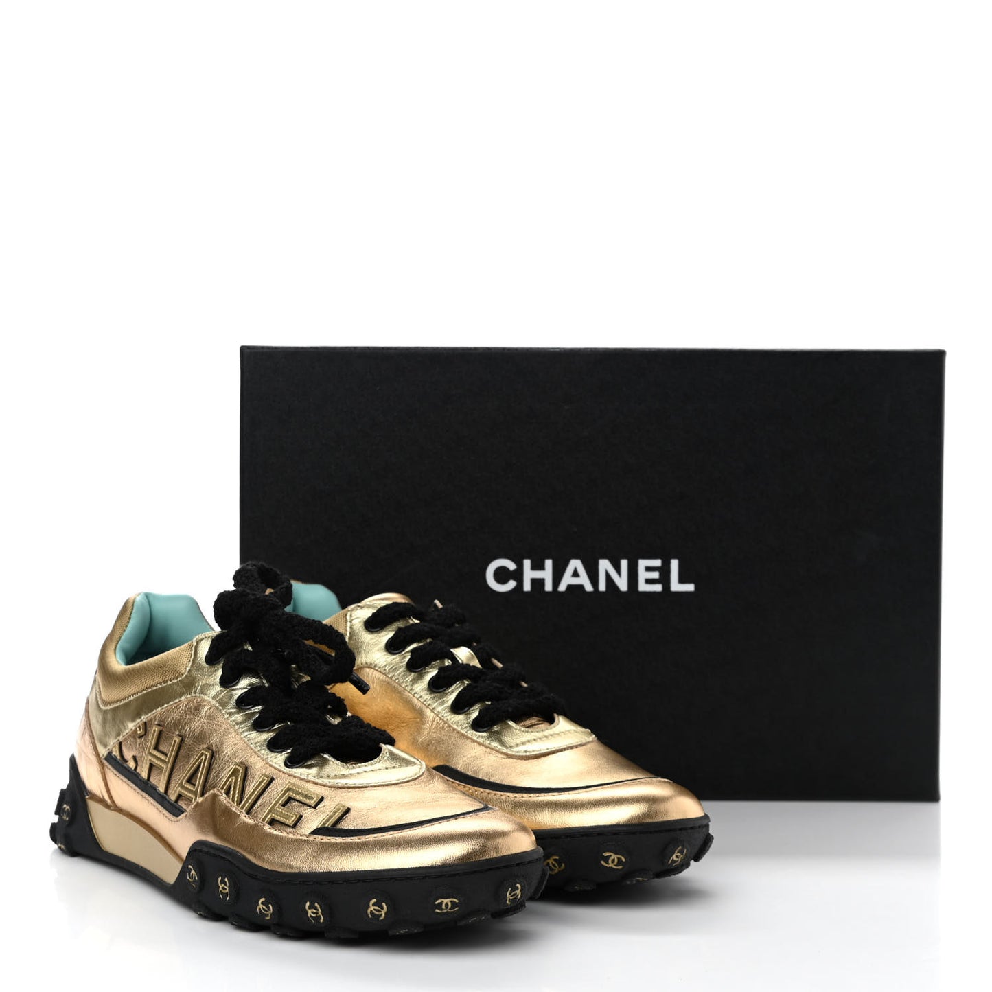 Metallic Lambskin Satin Finish CC Womens Sneakers 39.5 Gold