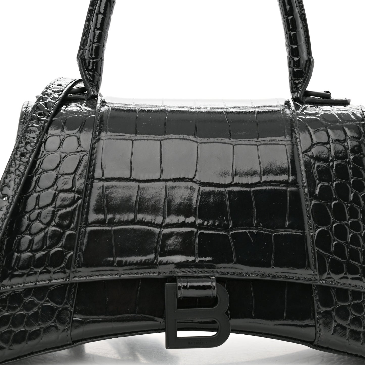 Shiny Calfskin Monochrome Crocodile Embossed Small Hourglass Top Handle Bag Black
