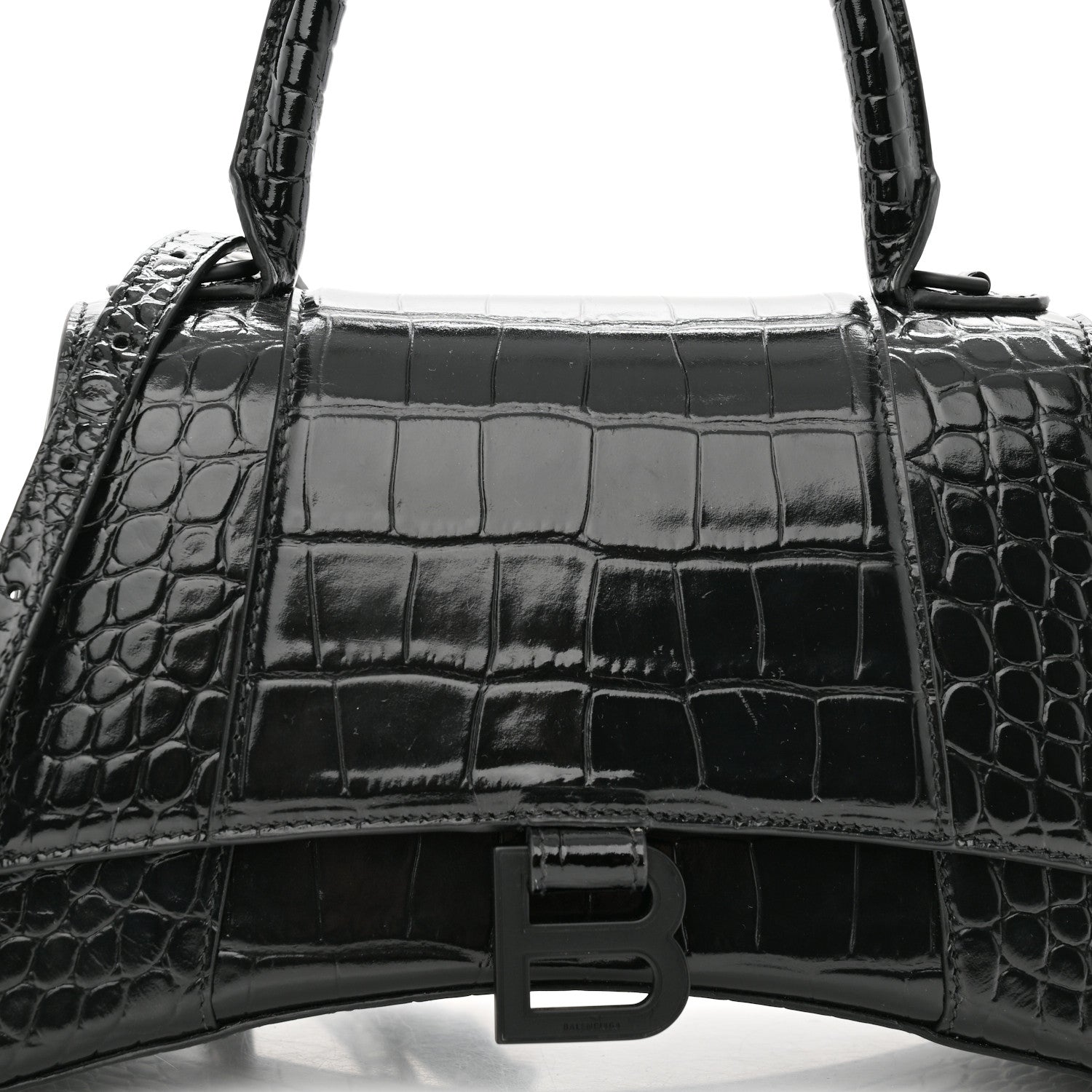 Balenciaga Shiny Calfskin Monochrome Crocodile Embossed Small Hourglass Top Handle Bag Black 8 of 11