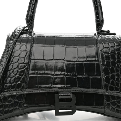 Balenciaga Shiny Calfskin Monochrome Crocodile Embossed Small Hourglass Top Handle Bag Black 8 of 11