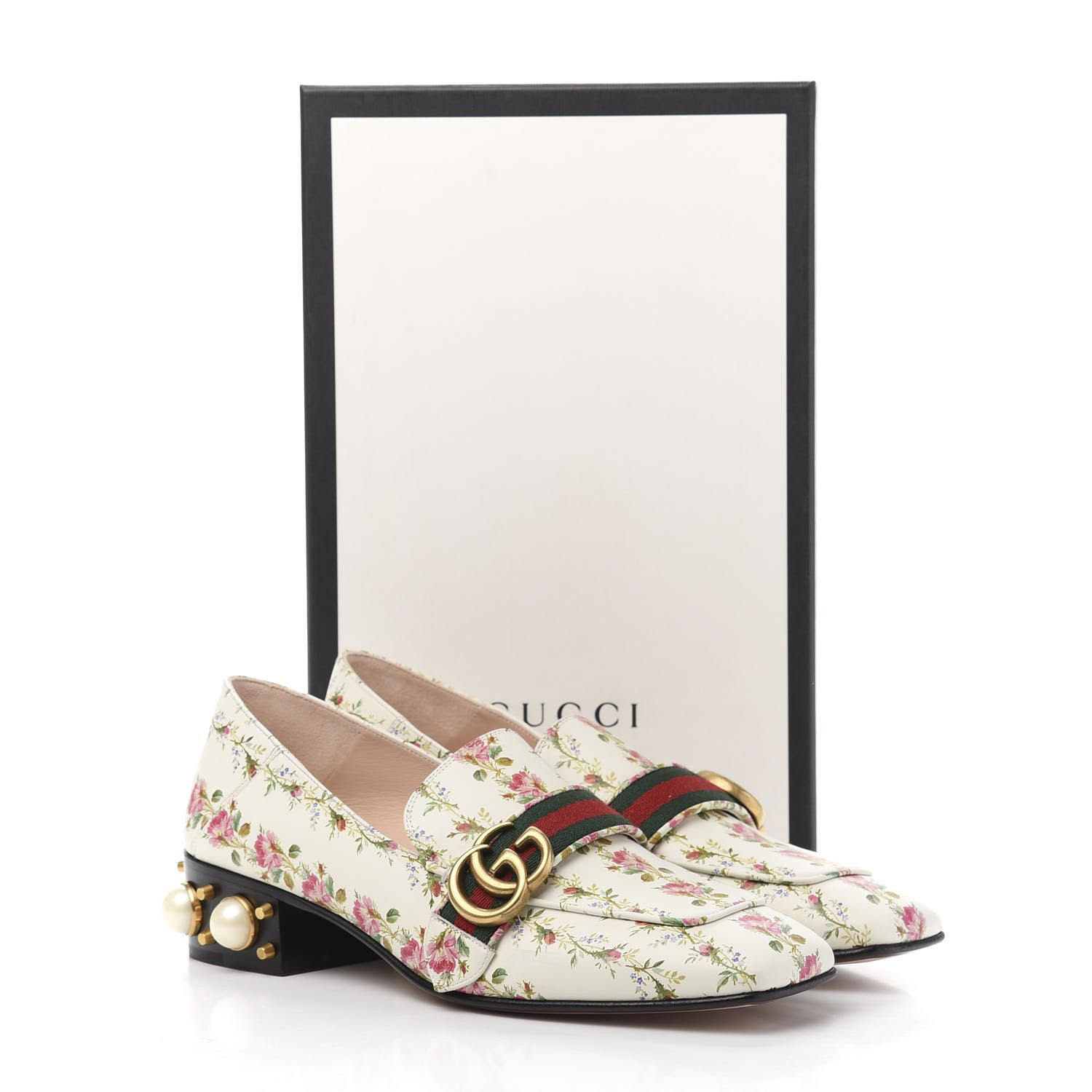 Gucci Calfskin Web Pearl Floral Embellished Peyton Loafer 39 White Multicolor 10 of 10