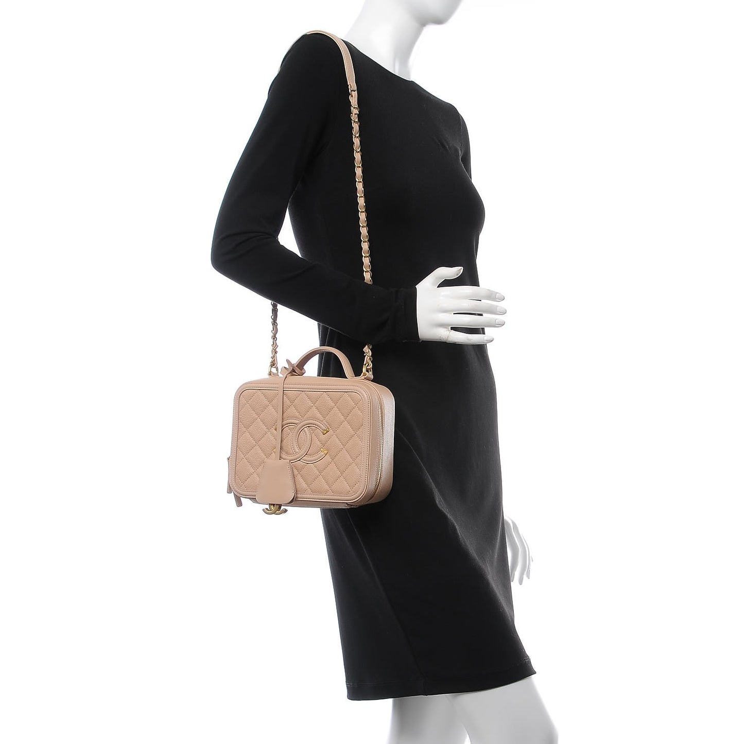Caviar Quilted Medium CC Filigree Vanity Case Beige