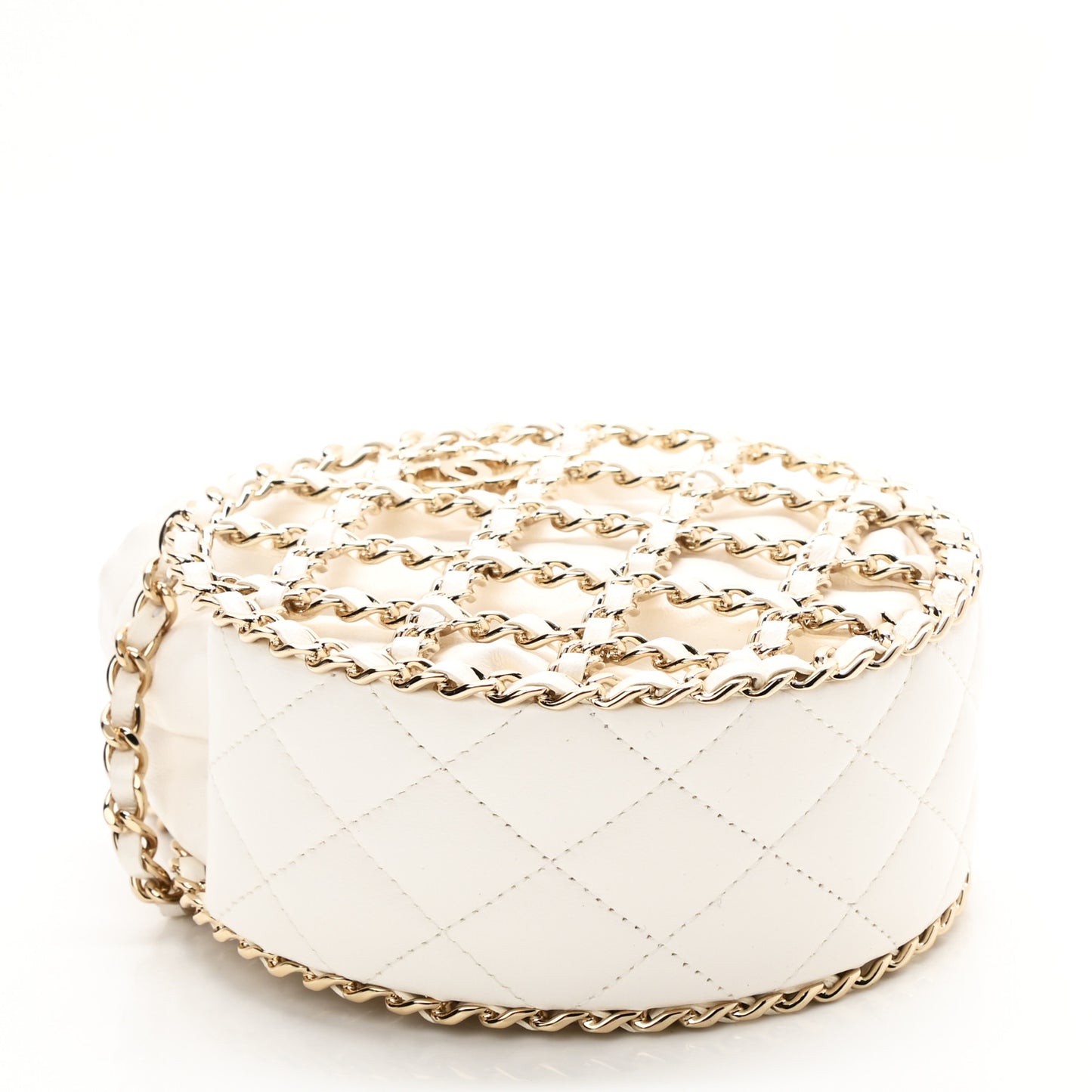 Lambskin Quilted Round Caged Chain Around Crossbody White