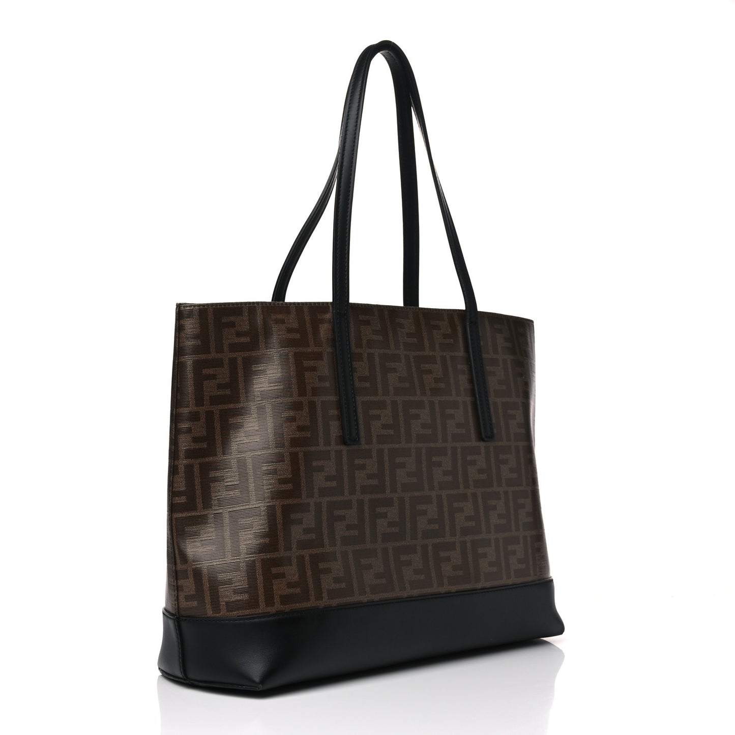 Glazed Fabric Vitello Century FF 1974 Stamp Patch Shopping Tote Mogano Panna Black