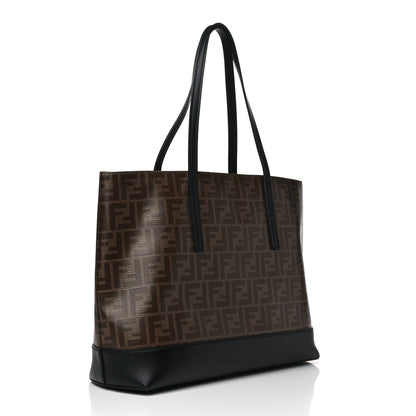 Fendi Glazed Fabric Vitello Century FF 1974 Stamp Patch Shopping Tote Mogano Panna Black 2 of 10