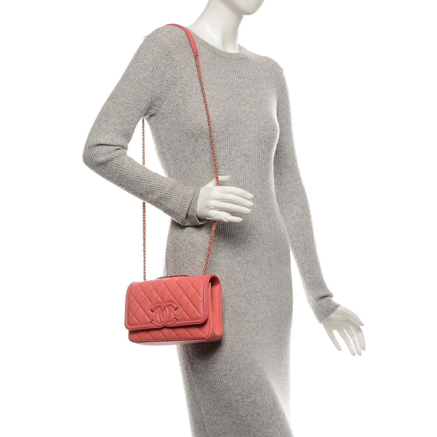 Chanel Caviar Quilted Small CC Filigree Flap Coral 2 of 7