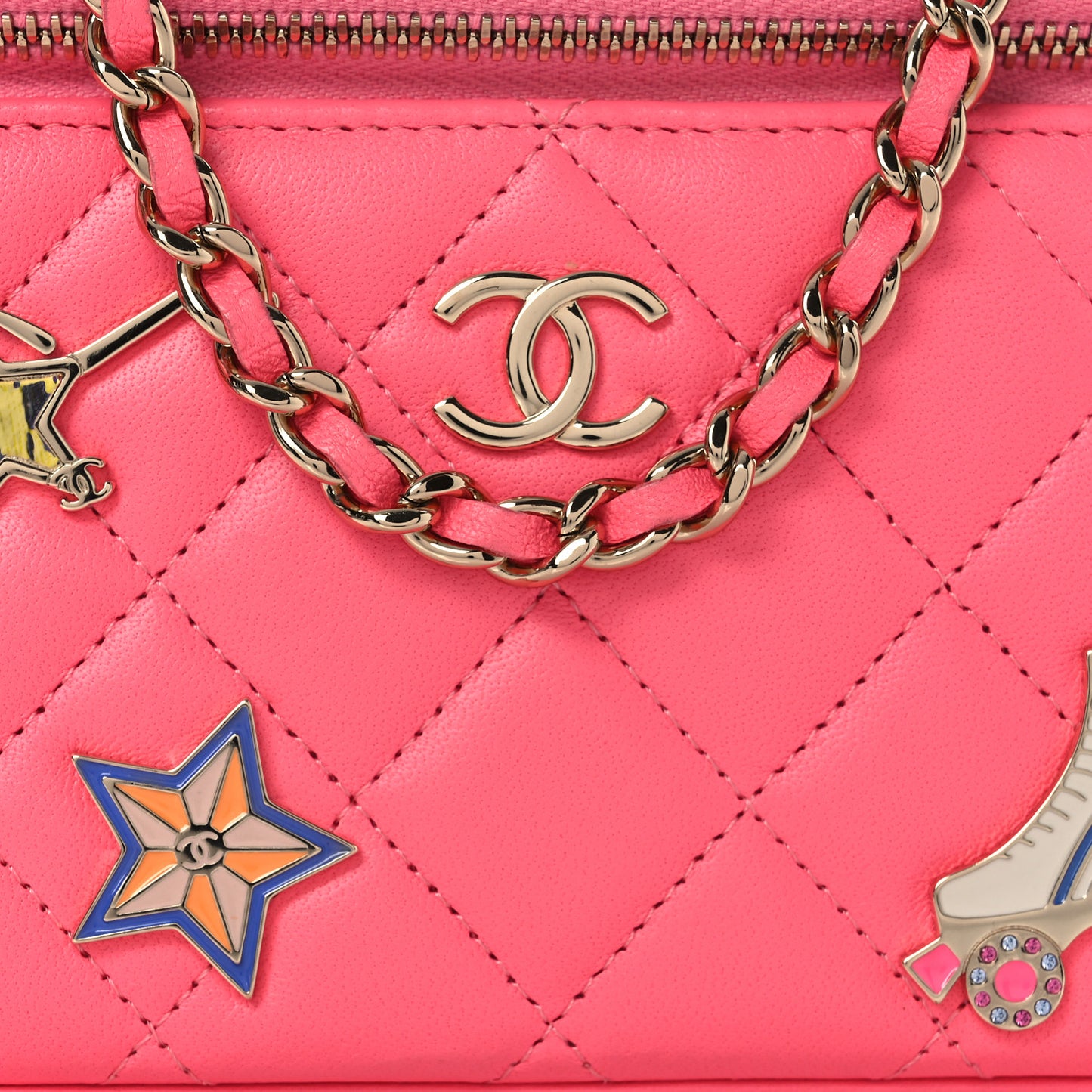 Lambskin Enamel Quilted Roller Skate Small Vanity Case With Chain Pink