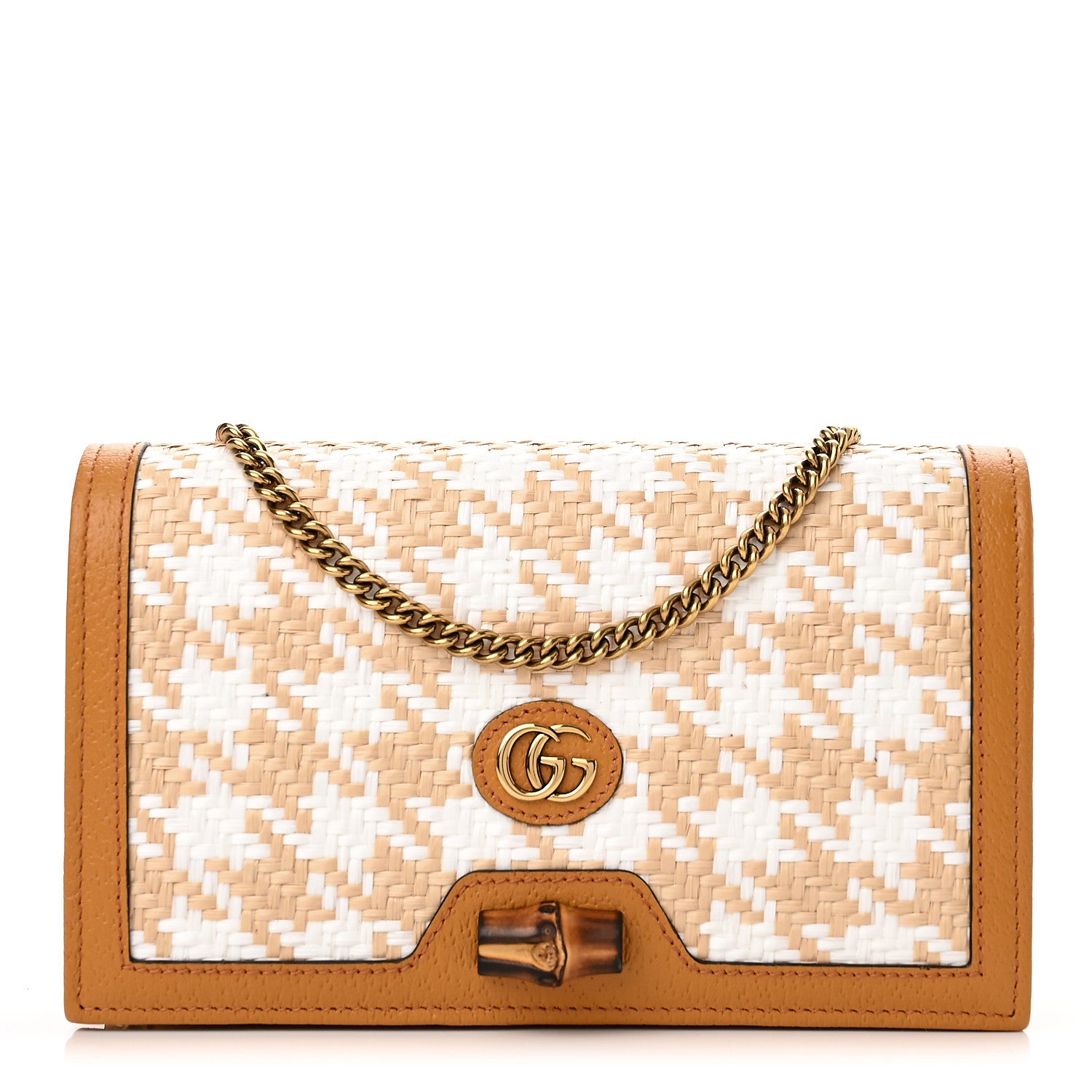 Gucci Polished Raffia Textured Dollar Calfskin Houndstooth Mini Diana Chain Bag Natural Sun Oil Mystic White 1 of 9