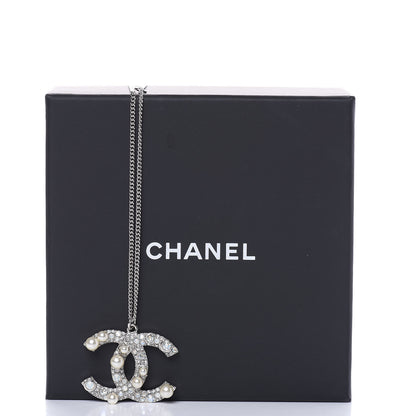 Chanel Crystal Pearl CC Pendant Necklace Silver 6 of 6