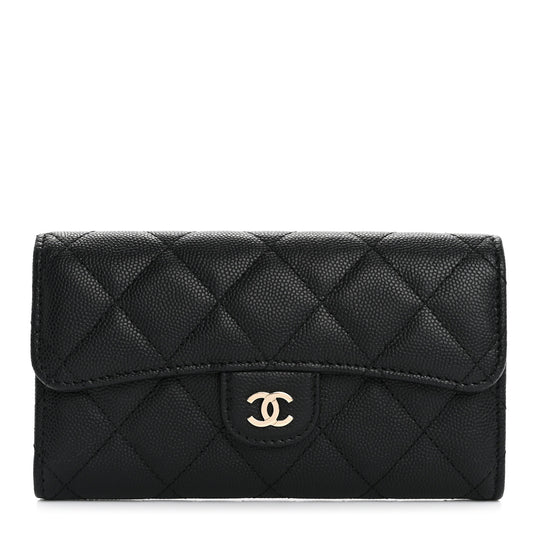 Caviar Quilted Medium Gusset Flap Wallet Black