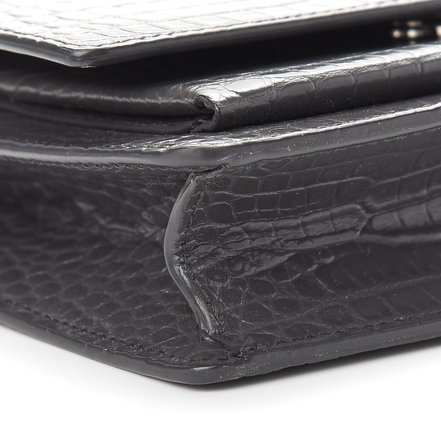 Calfskin Crocodile Embossed Monogram Sunset Chain Wallet Graphite