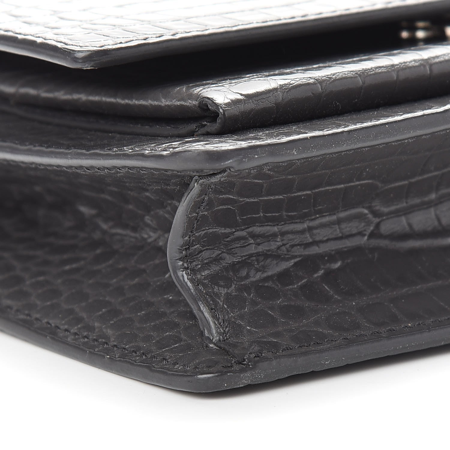 Saint Laurent Calfskin Crocodile Embossed Monogram Sunset Chain Wallet Graphite 7 of 8