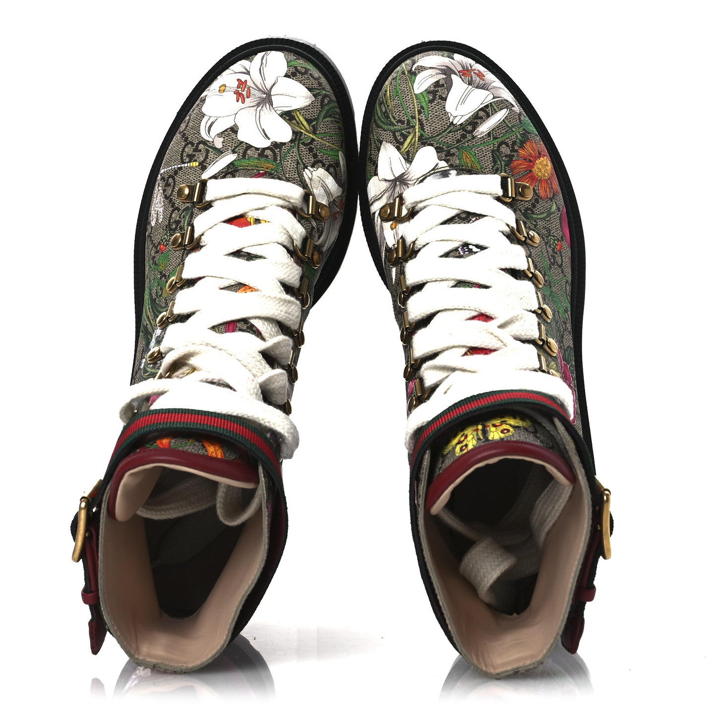 GG Supreme Monogram Flora Lace Up Combat Ankle Boots 40 Beige Multicolor Red