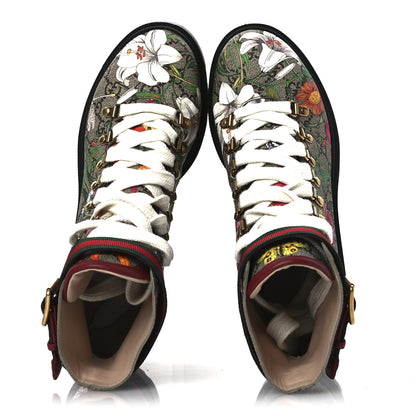 Gucci GG Supreme Monogram Flora Lace Up Combat Ankle Boots 40 Beige Multicolor Red 2 of 14
