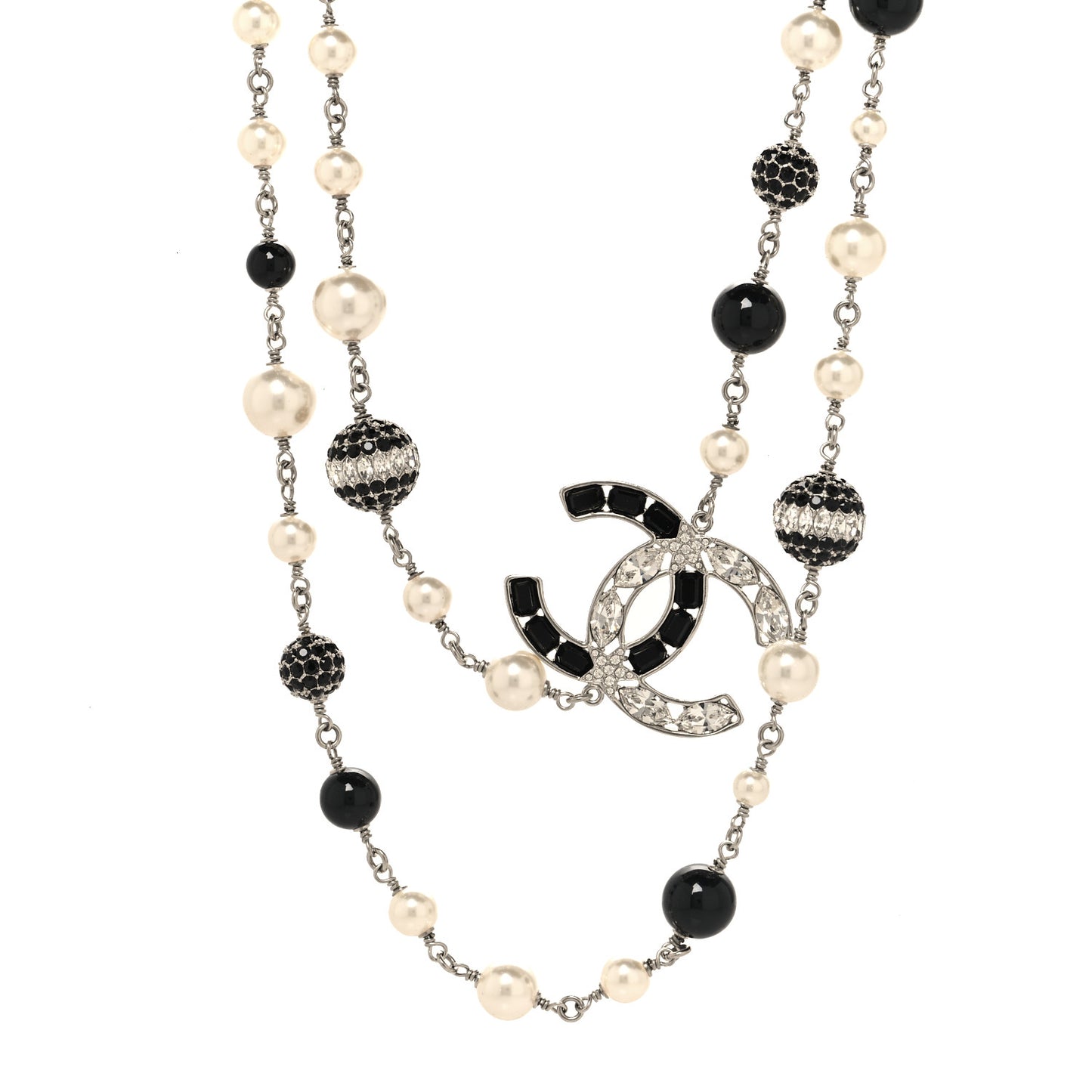 Marquise Crystal Pearl Bead CC Long Necklace Silver Black