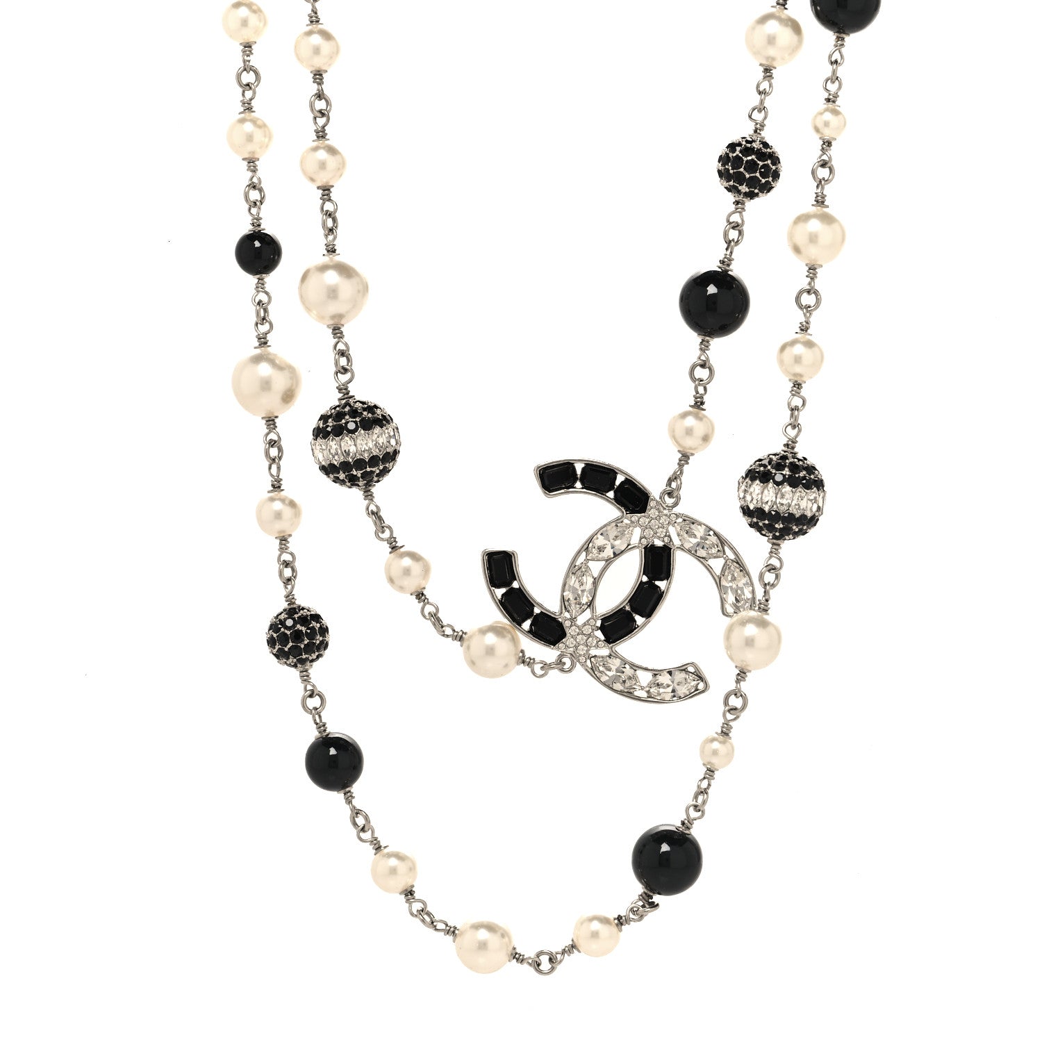 Chanel Marquise Crystal Pearl Bead CC Long Necklace Silver Black 1 of 5