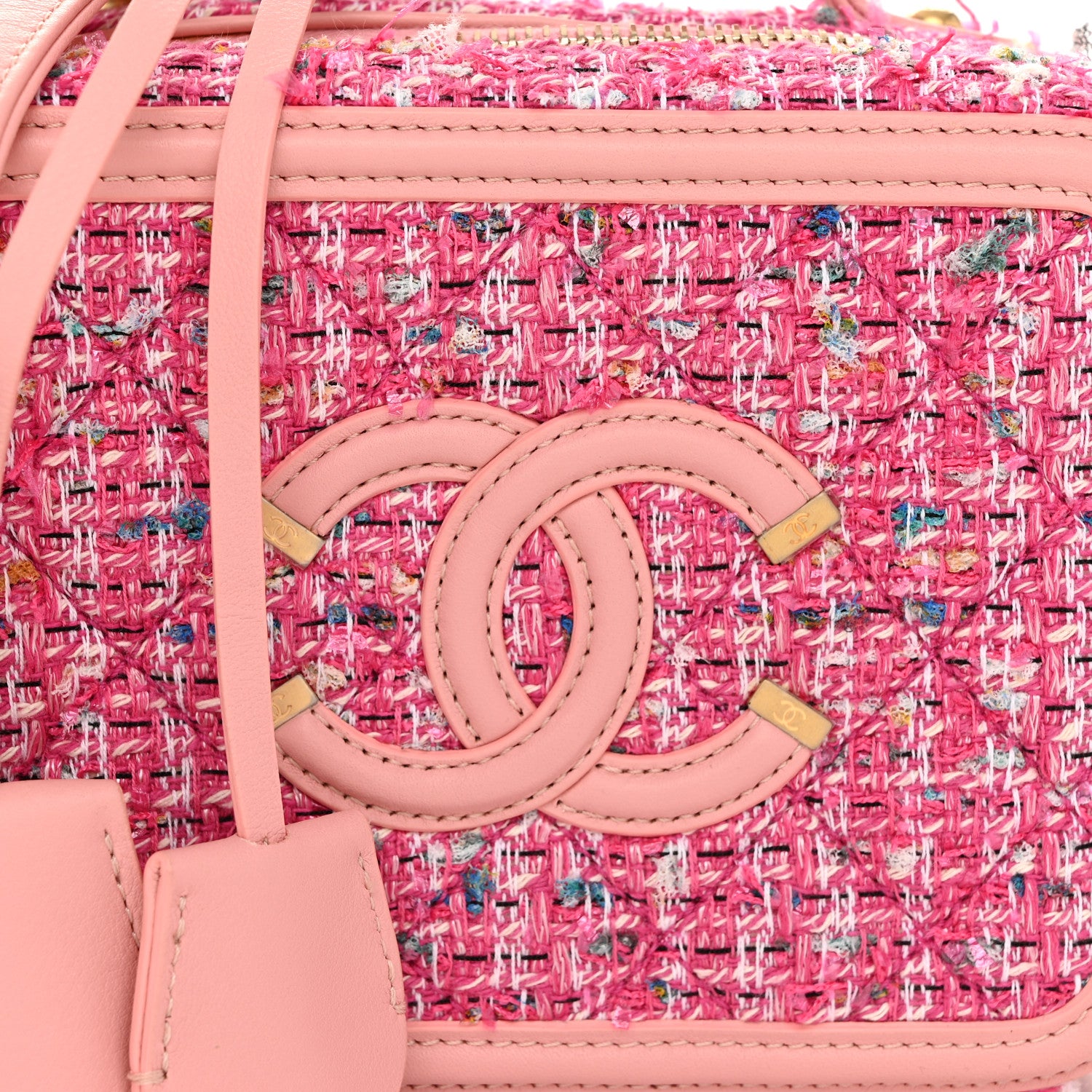 Chanel Tweed Quilted Small CC Filigree Vanity Case Pink 1554839