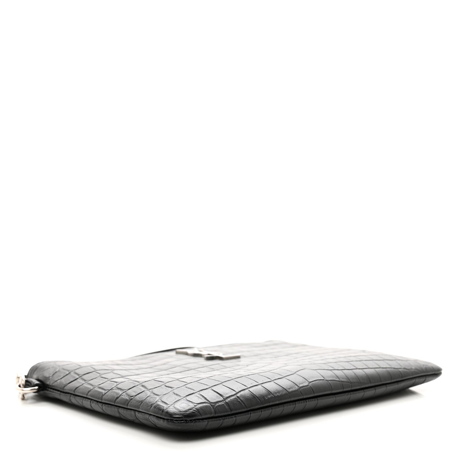 Saint Laurent Calfskin Crocodile Embossed Monogram Zip Pouch Black 4 of 7