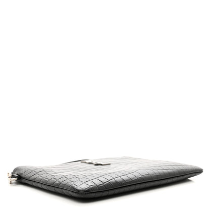 Saint Laurent Calfskin Crocodile Embossed Monogram Zip Pouch Black 4 of 7
