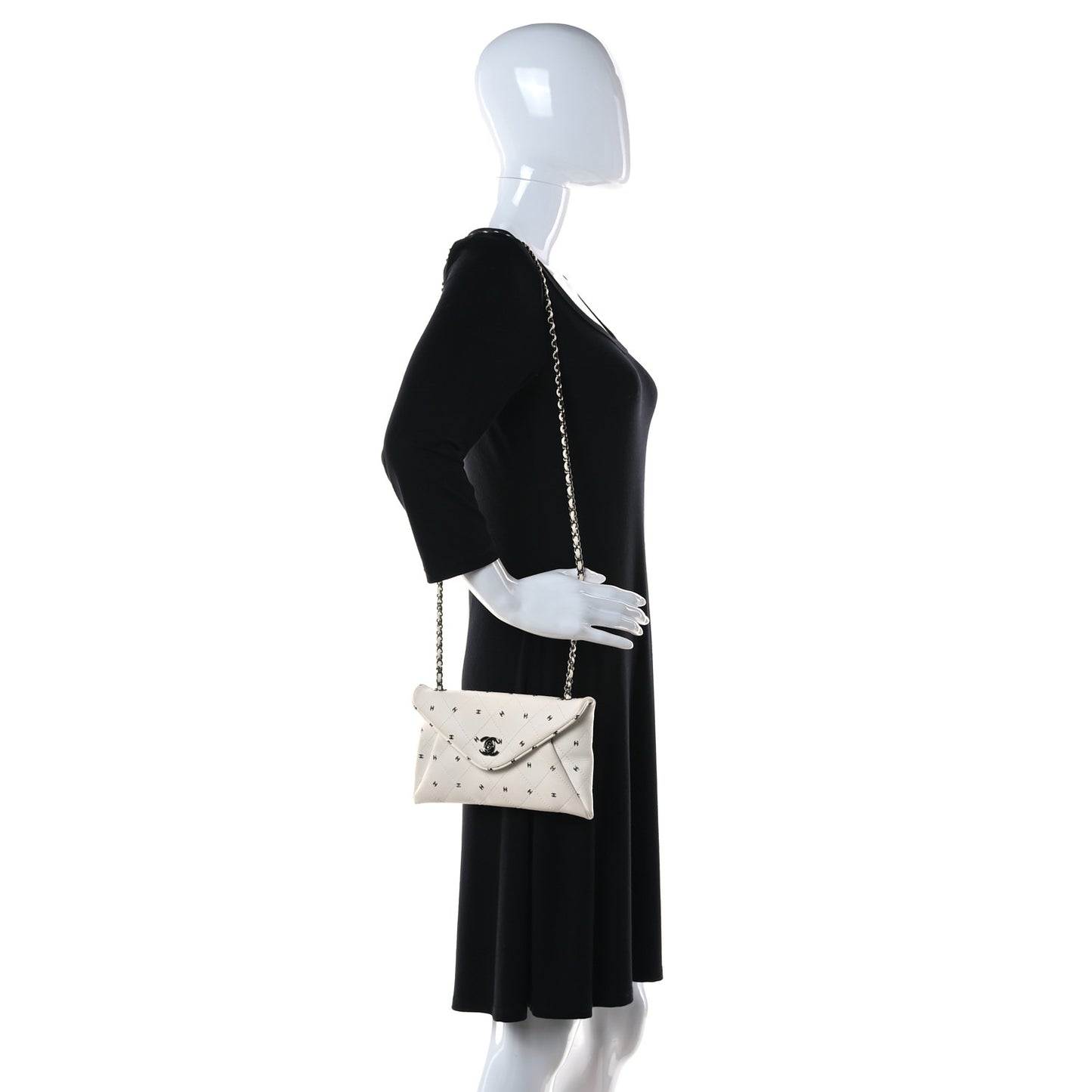 Printed Lambskin Logo CC Envelope Clutch With Chain White