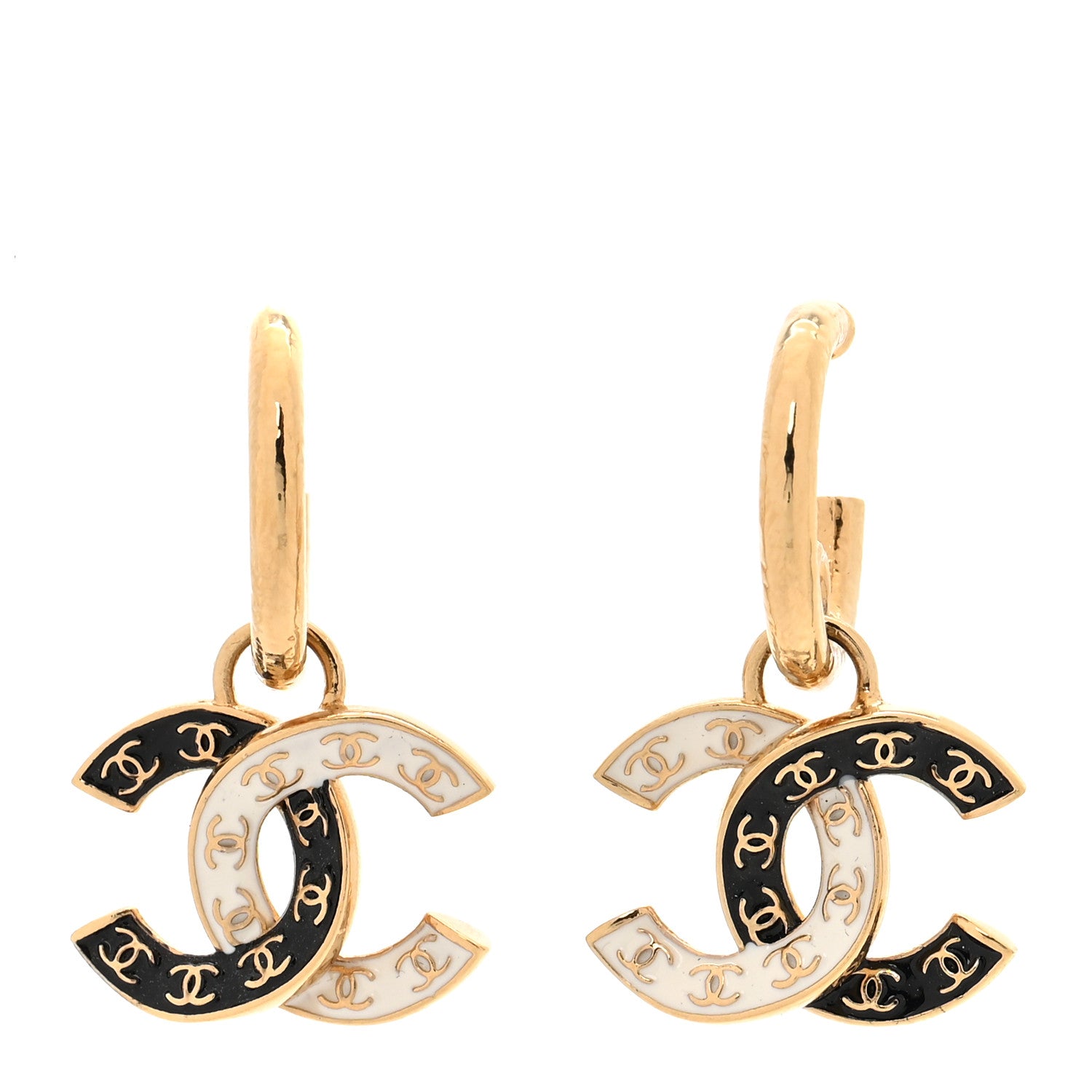 Chanel Enamel CC Hoop Drop Earrings Black White Gold 1 of 5