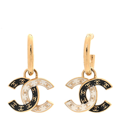 Chanel Enamel CC Hoop Drop Earrings Black White Gold 1 of 5