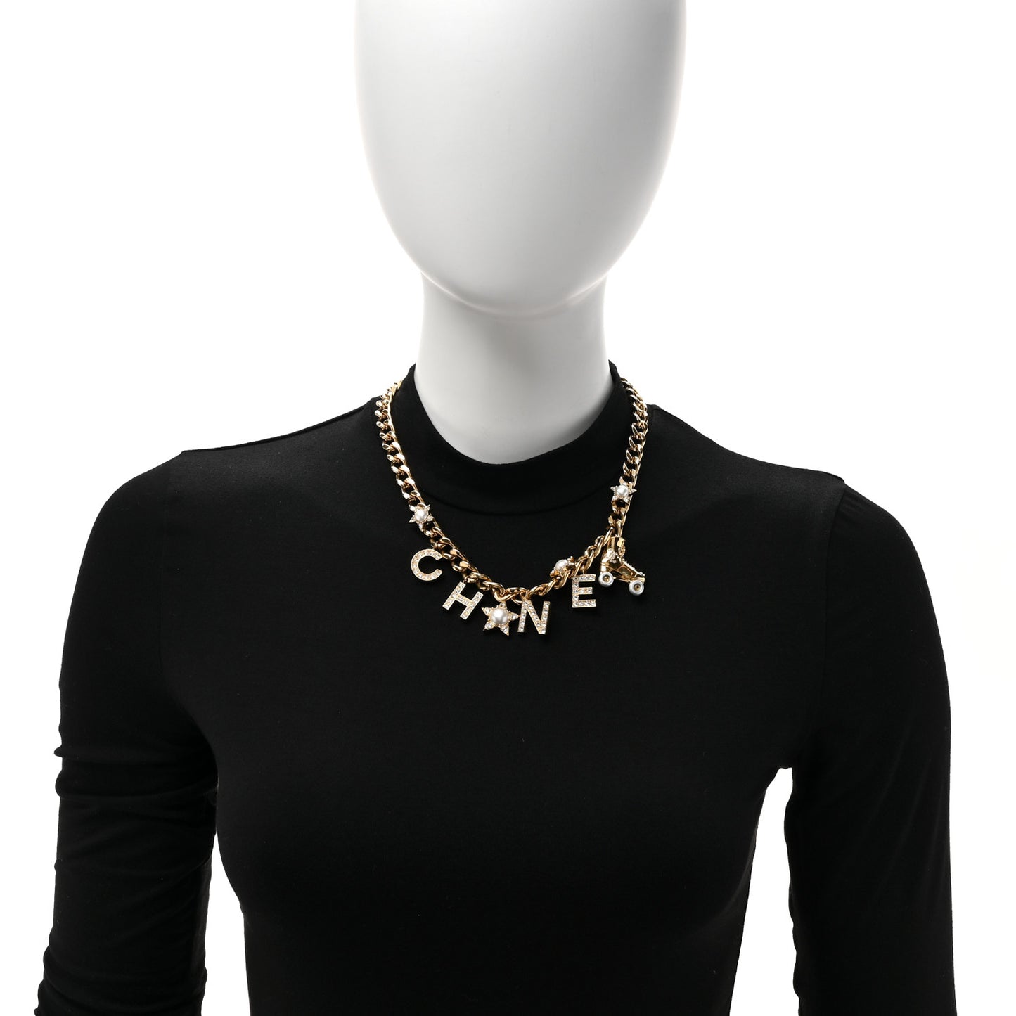 Crystal Pearl Star Rollerblade Logo Necklace Gold