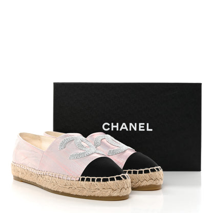 Chanel Laminated Lambskin Grosgrain Embroidered CC Espadrilles 39 Pink Silver Black 8 of 8