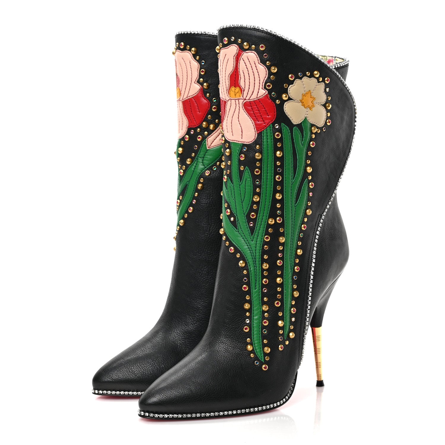 Gucci Calfskin Floral Crystal Embroidered Fosca Boots 38 Black 3 of 9