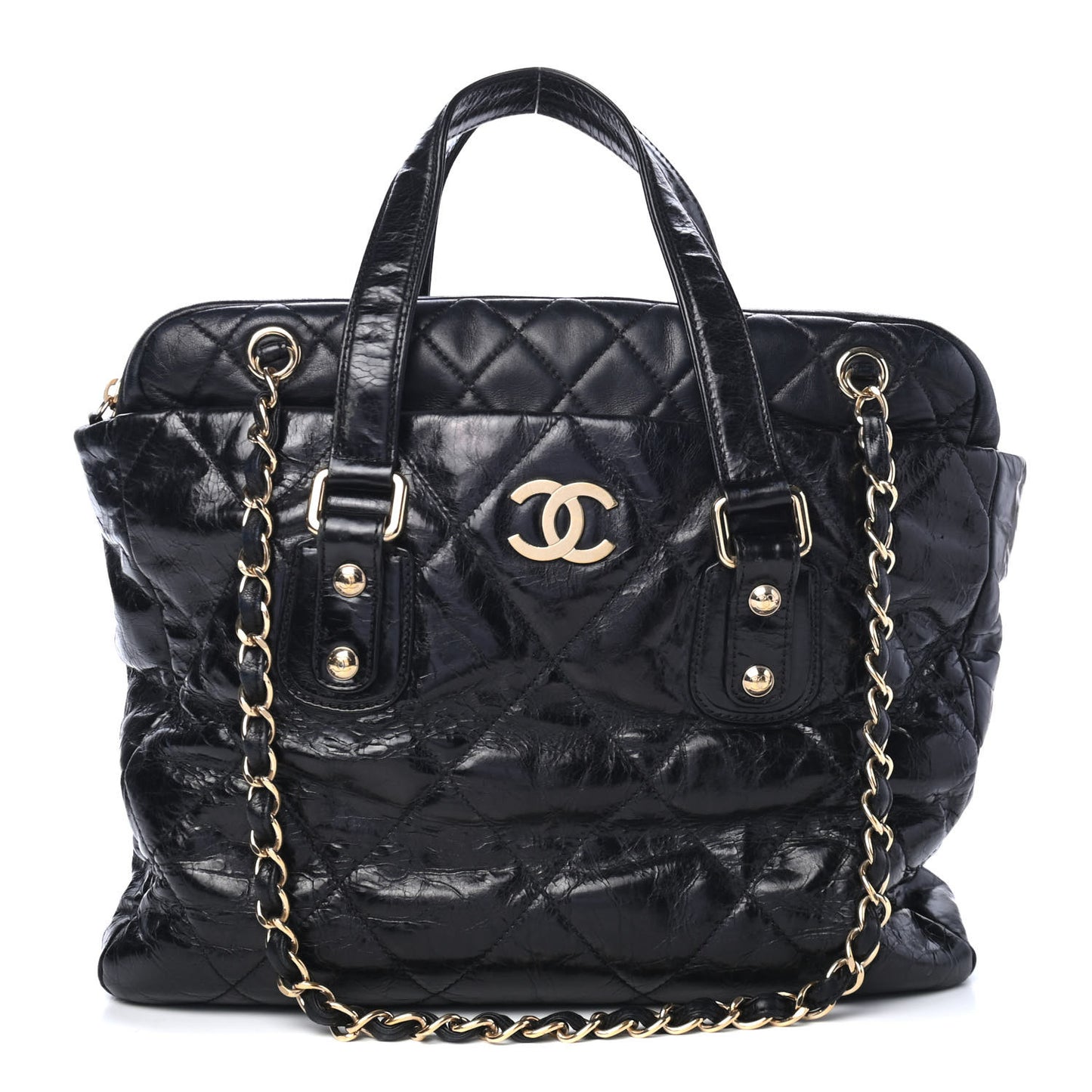 Glazed Calfskin Lambskin Quilted Portobello Tote Black
