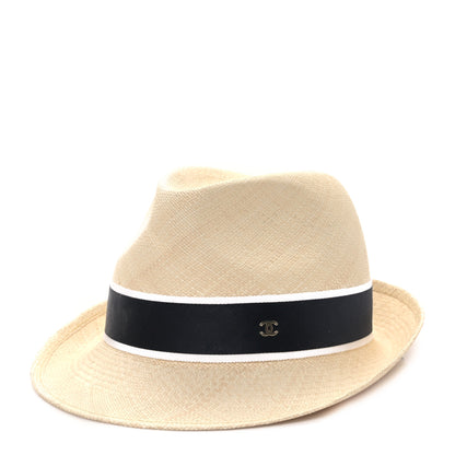 Chanel Straw Grosgrain Ribbon Fedora Hat M Beige Black 1 of 8