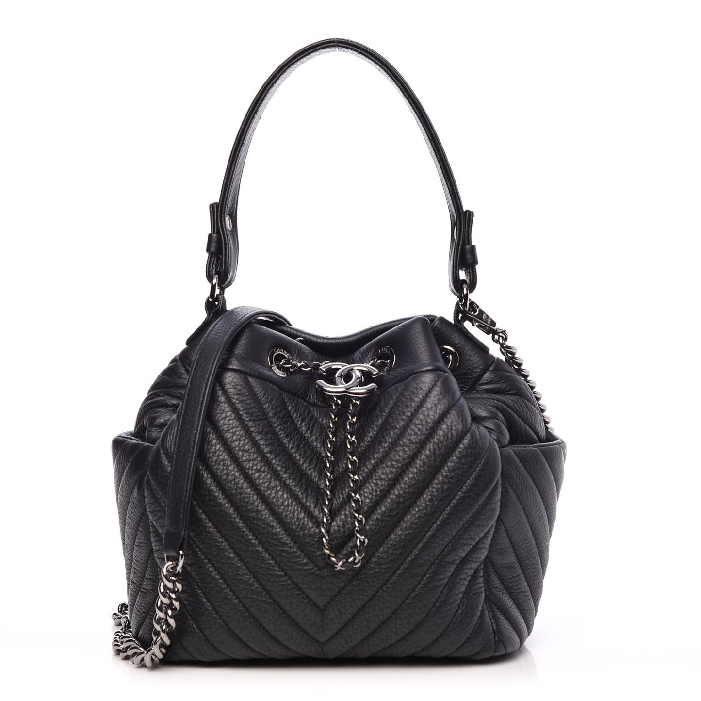 Deerskin Chevron Small CC Chain Bucket Bag Black