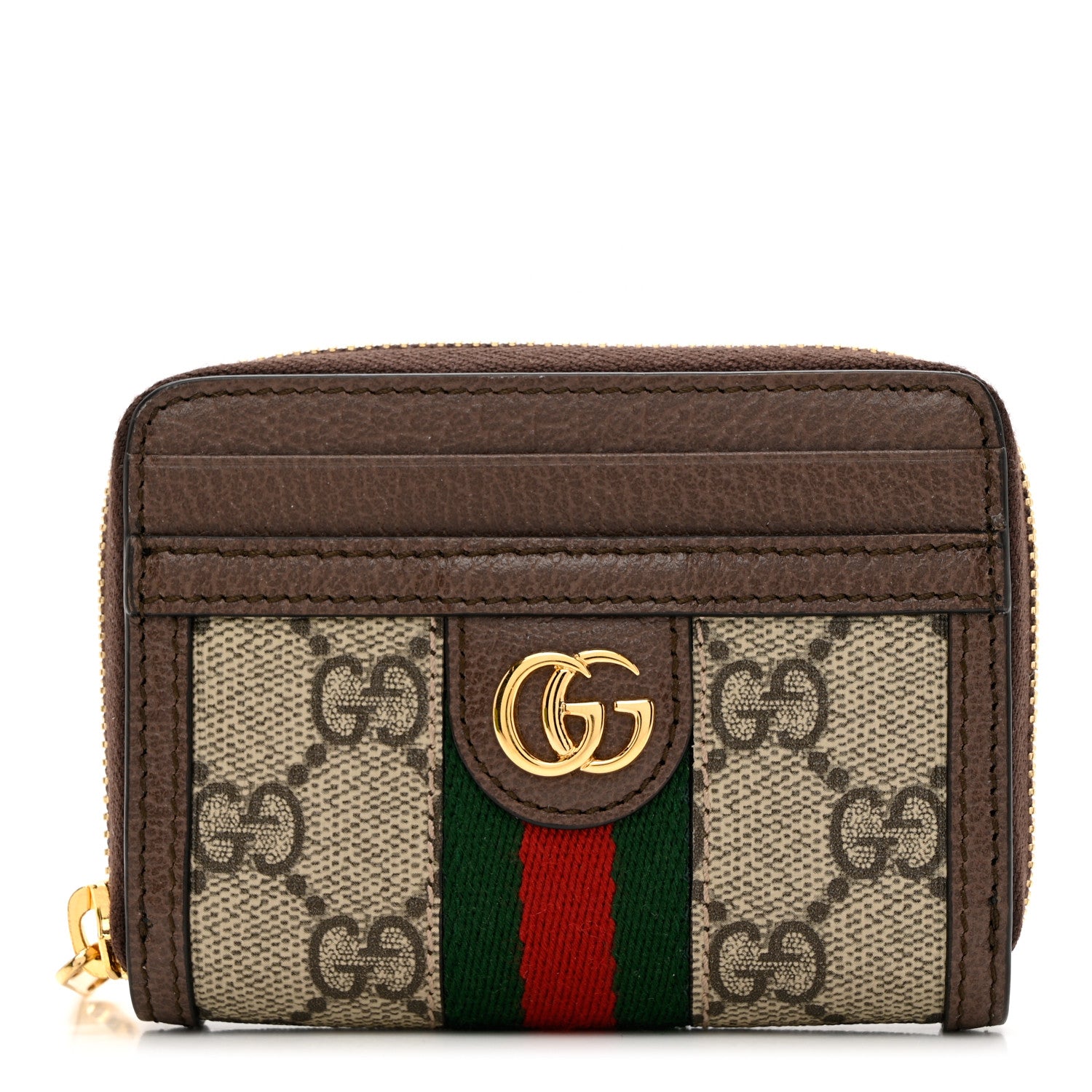 Gucci GG Supreme Monogram Textured Dollar Calfskin Web Ophidia Zip Around Card Case Wallet Beige Ebony New Acero 1 of 8