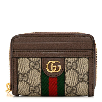 Gucci GG Supreme Monogram Textured Dollar Calfskin Web Ophidia Zip Around Card Case Wallet Beige Ebony New Acero 1 of 8