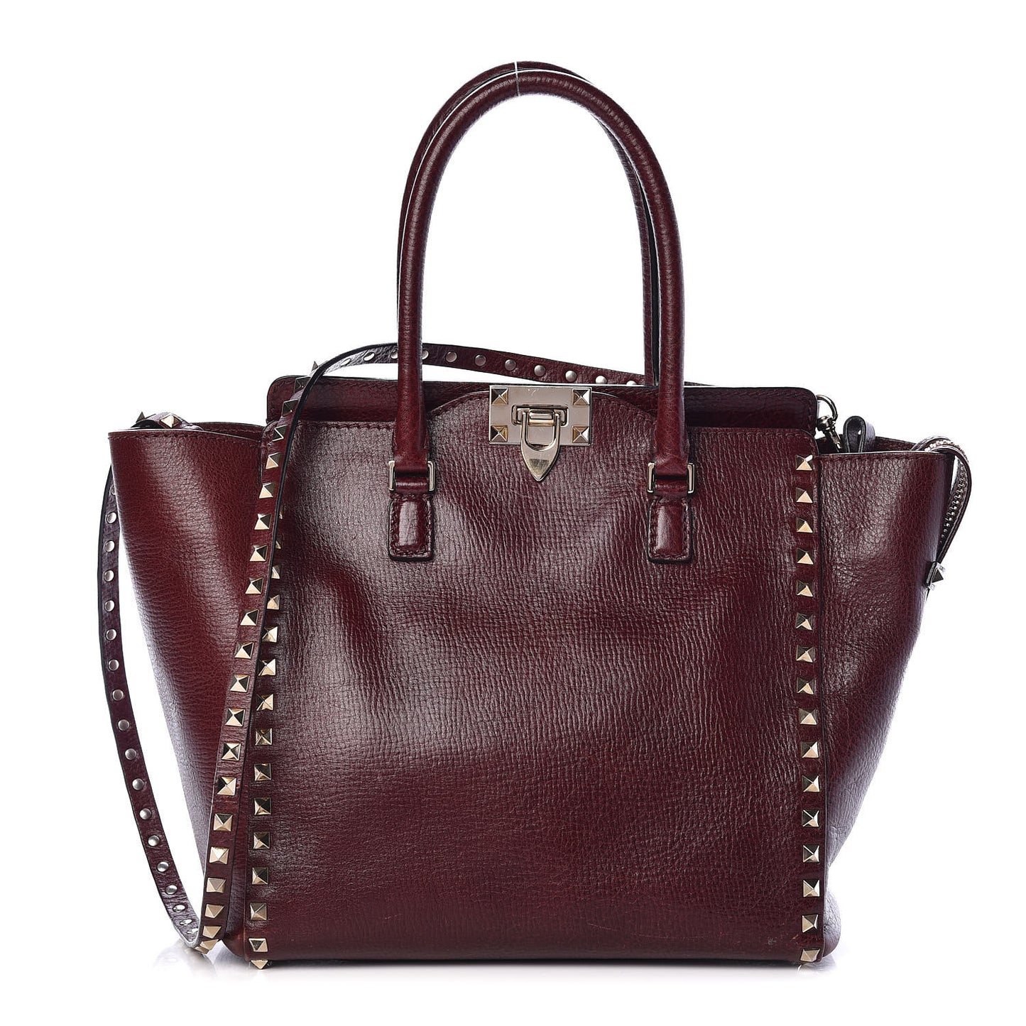 Textured Calfskin Rockstud Double Handle Tote Wine