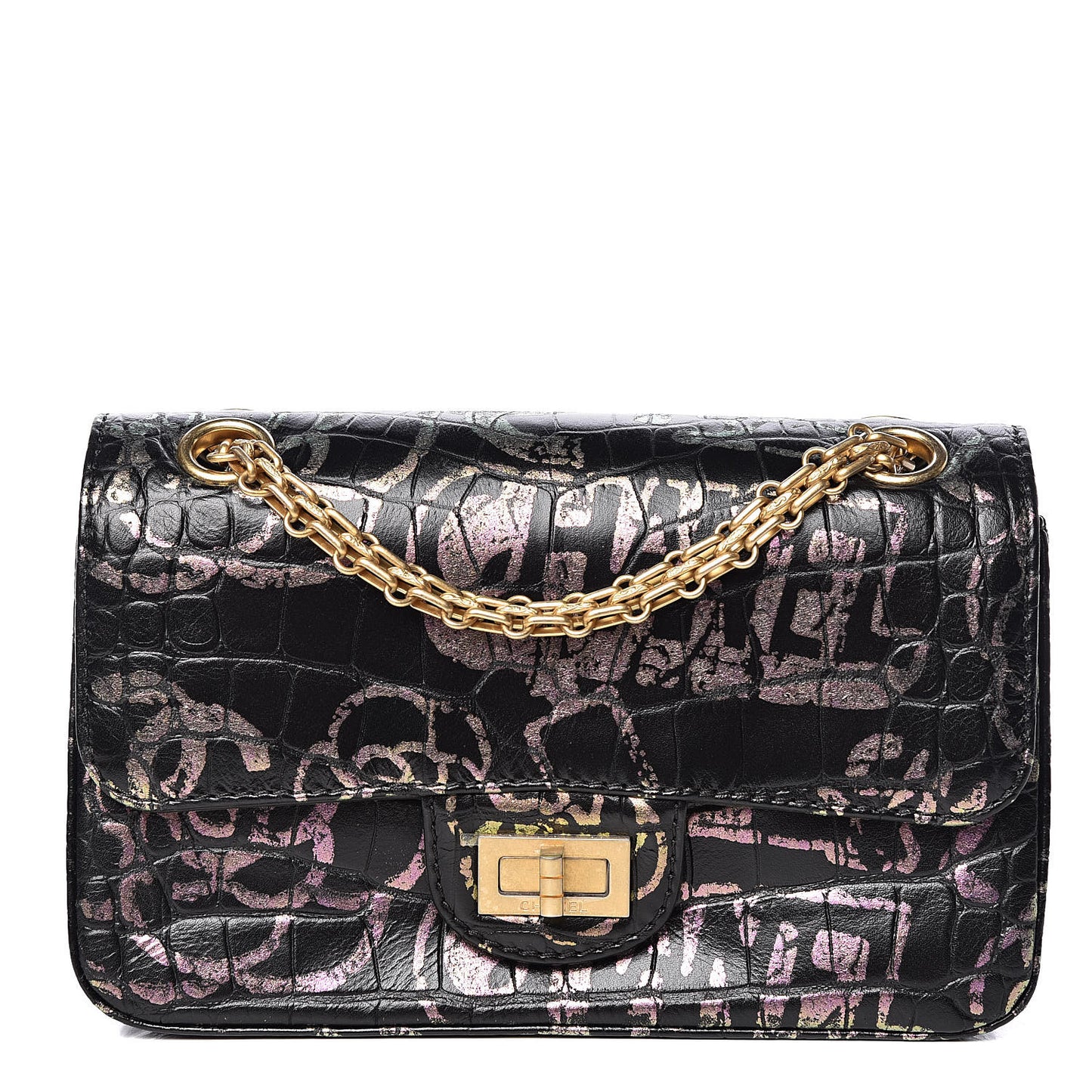 Calfskin Crocodile Embossed Graffiti 2.55 Mini Cocodile Reissue Flap Black Pink