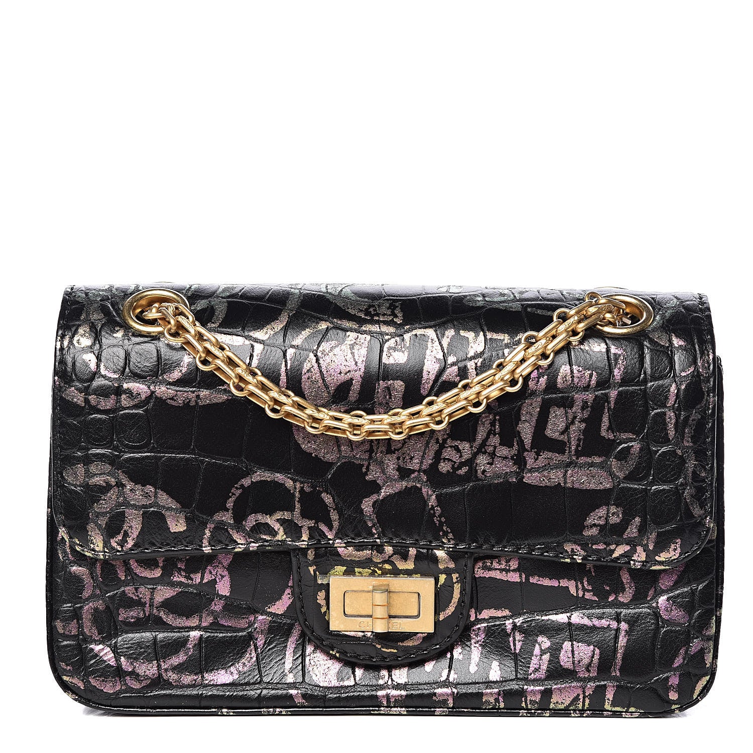 Chanel Calfskin Crocodile Embossed Graffiti 2.55 Mini Cocodile Reissue Flap Black Pink 1 of 12