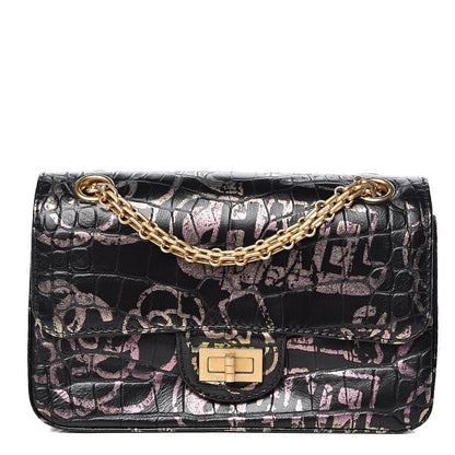 Chanel Calfskin Crocodile Embossed Graffiti 2.55 Mini Cocodile Reissue Flap Black Pink 1 of 12