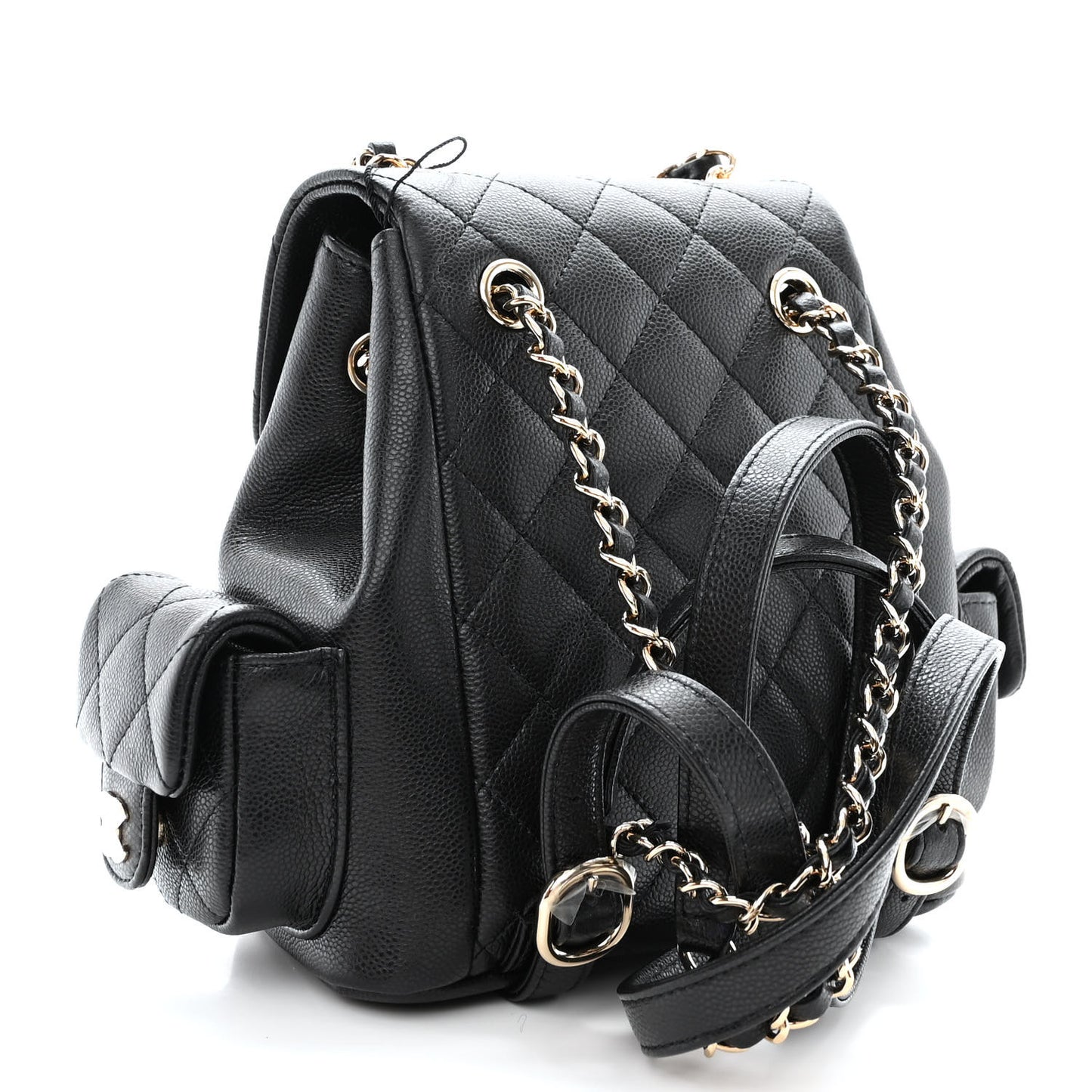Shiny Caviar Quilted Small Pockets Drawstring Backpack Black
