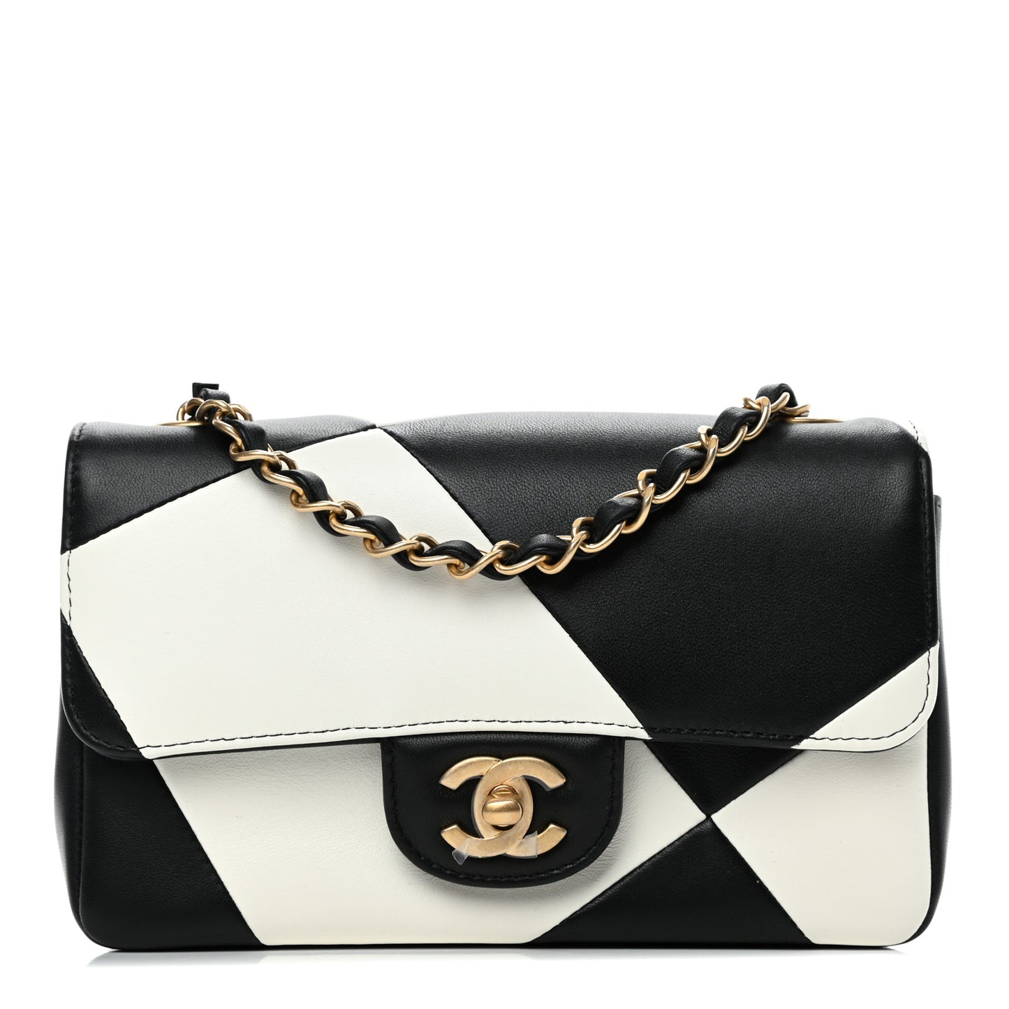 Lambskin Geometric Patchwork Mini Flap Black White
