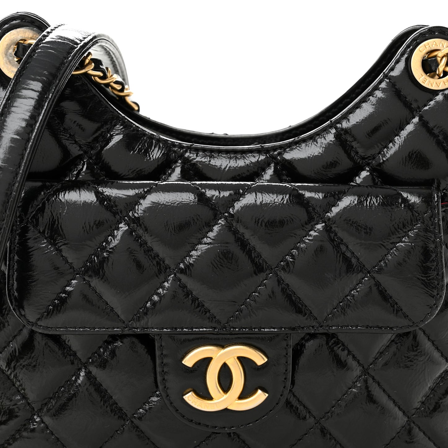 Shiny Crumpled Calfskin Quilted Small Wavy CC Hobo Black
