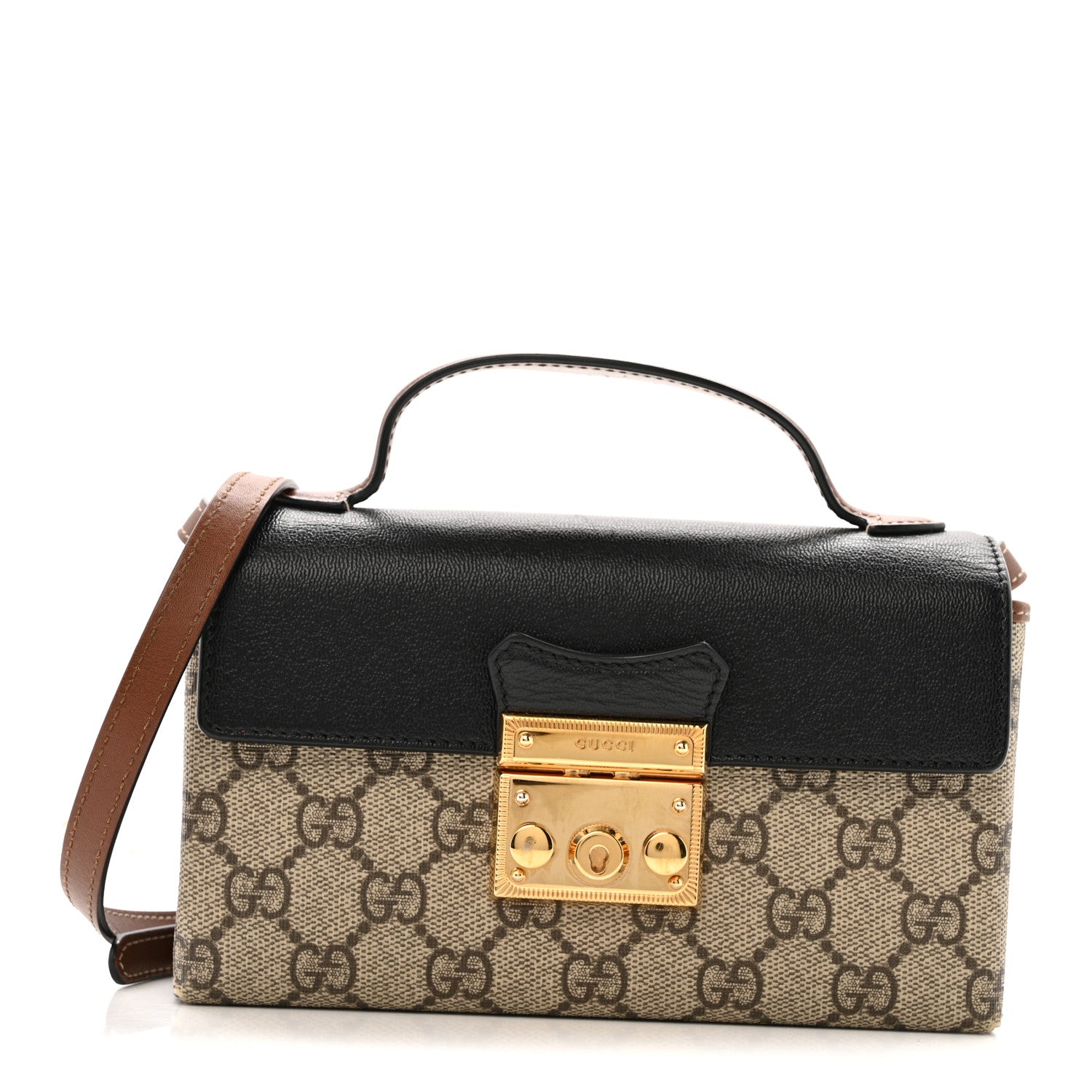 Gucci GG Supreme Monogram Calfskin Mini Padlock Top Handle Shoulder Bag Beige Black Cuir 1 of 13