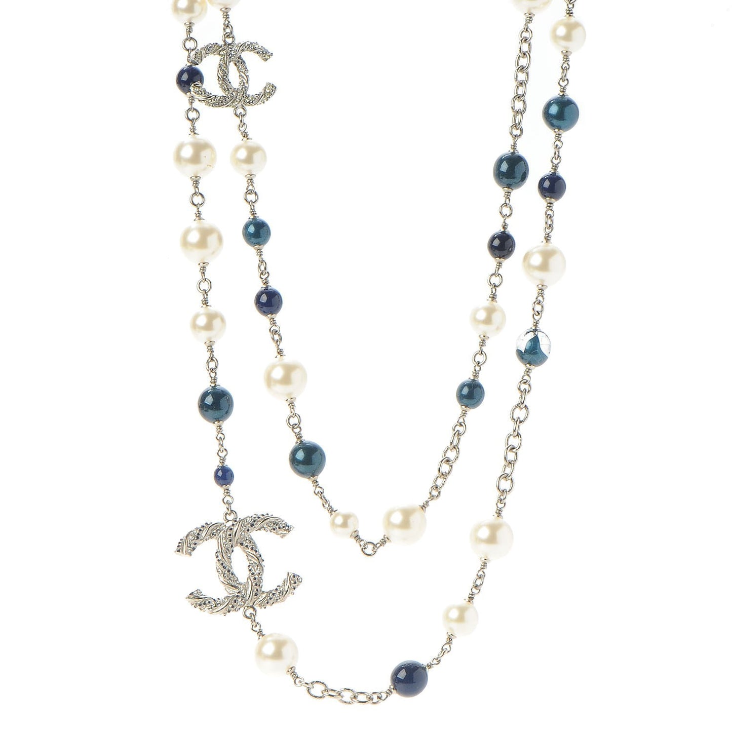 Pearl Bead CC Long Necklace Blue Silver