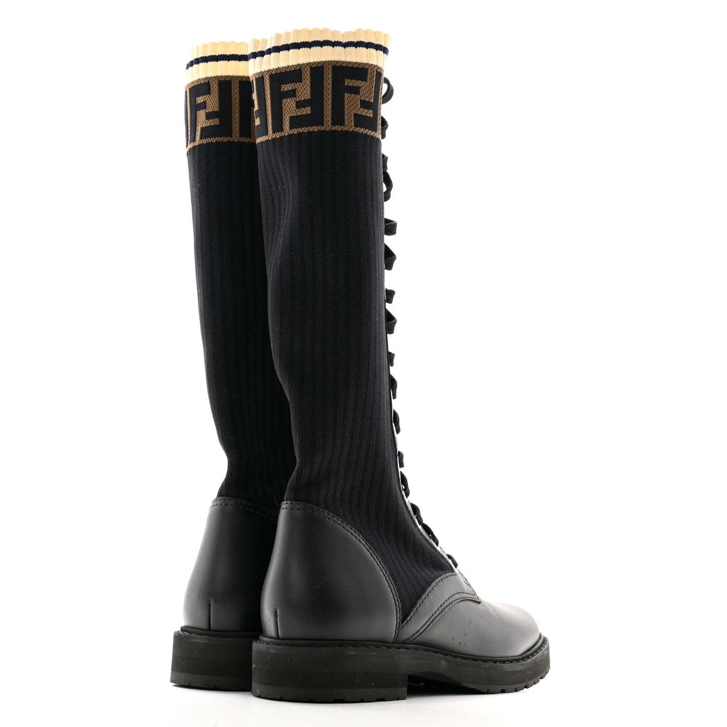 Calfskin Stretch Fabric FF Rockoko Tall Biker Boots 36 Tobacco Black Marino