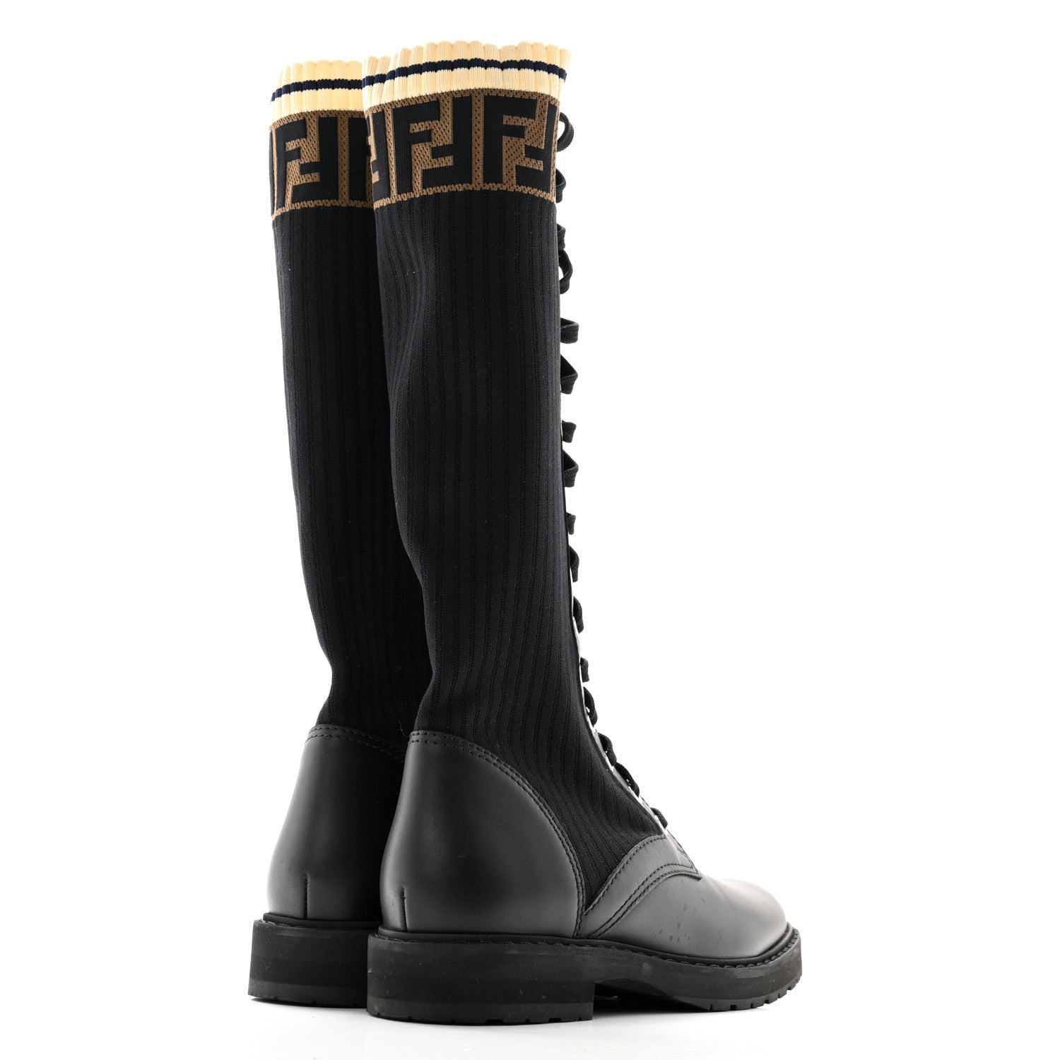 Fendi Calfskin Stretch Fabric FF Rockoko Tall Biker Boots 36 Tobacco Black Marino 4 of 7