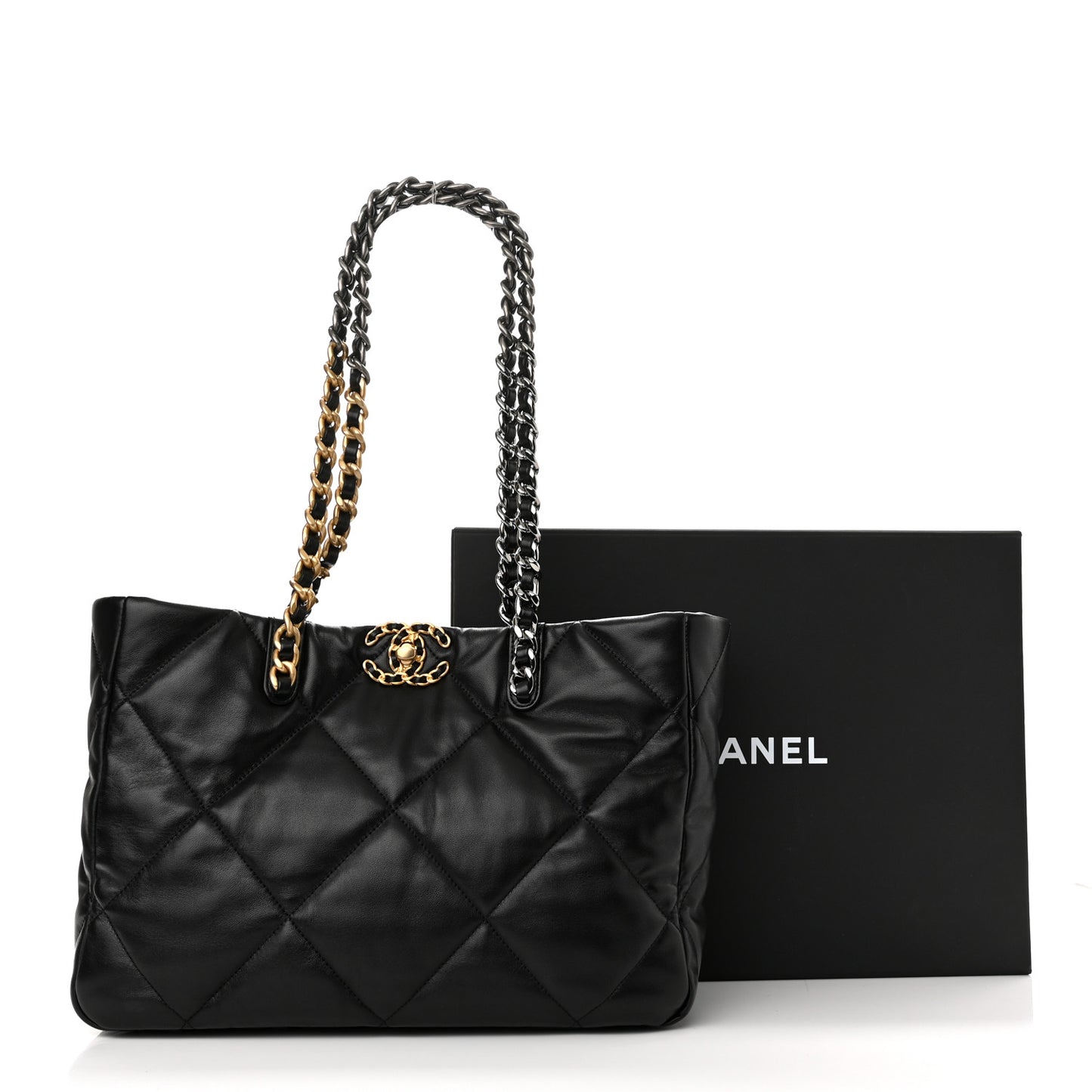 Lambskin Quilted Chanel 19 East West Shopping Bag Black