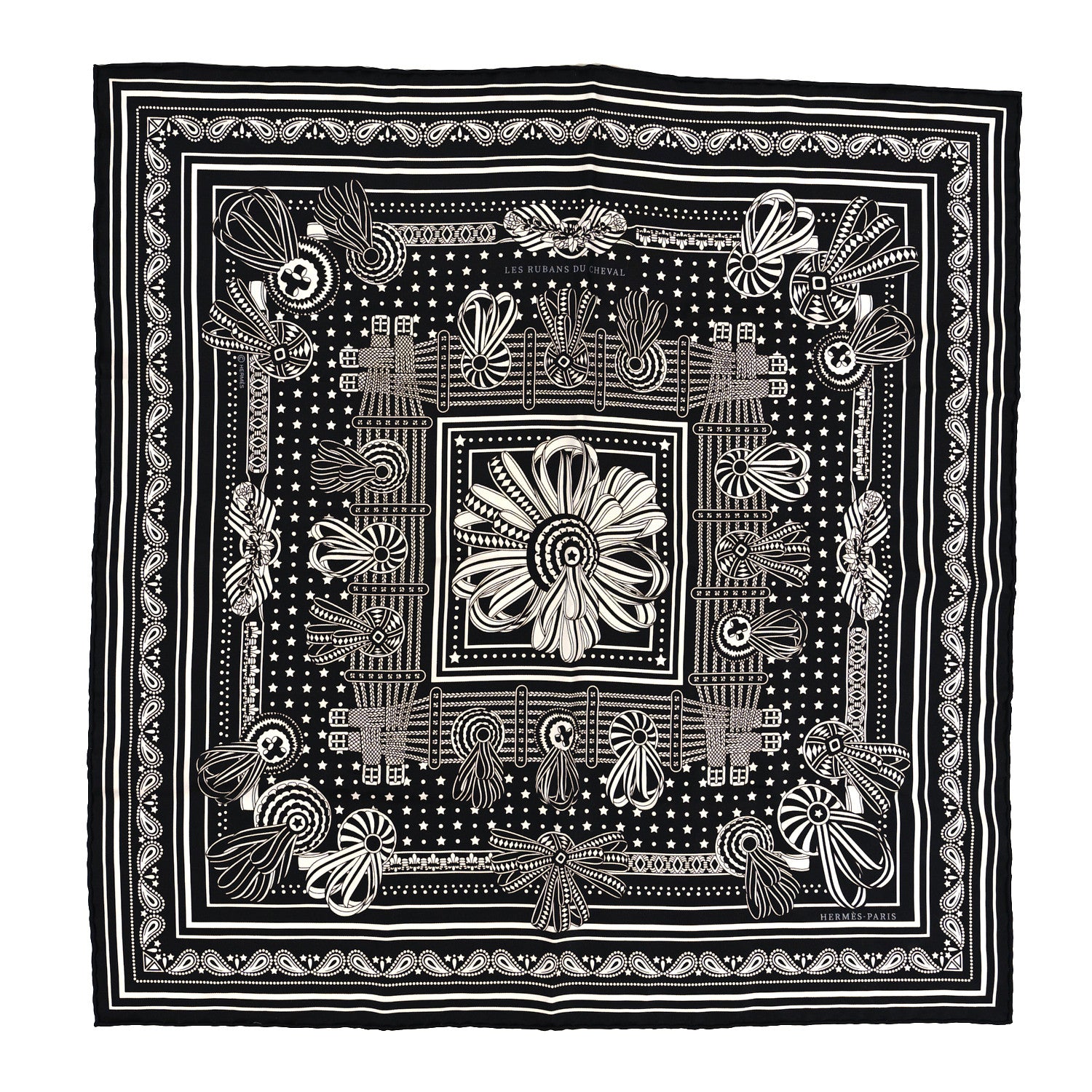 Hermes Silk Les Rubans Du Cheval Scarf 55 Black White 1 of 4