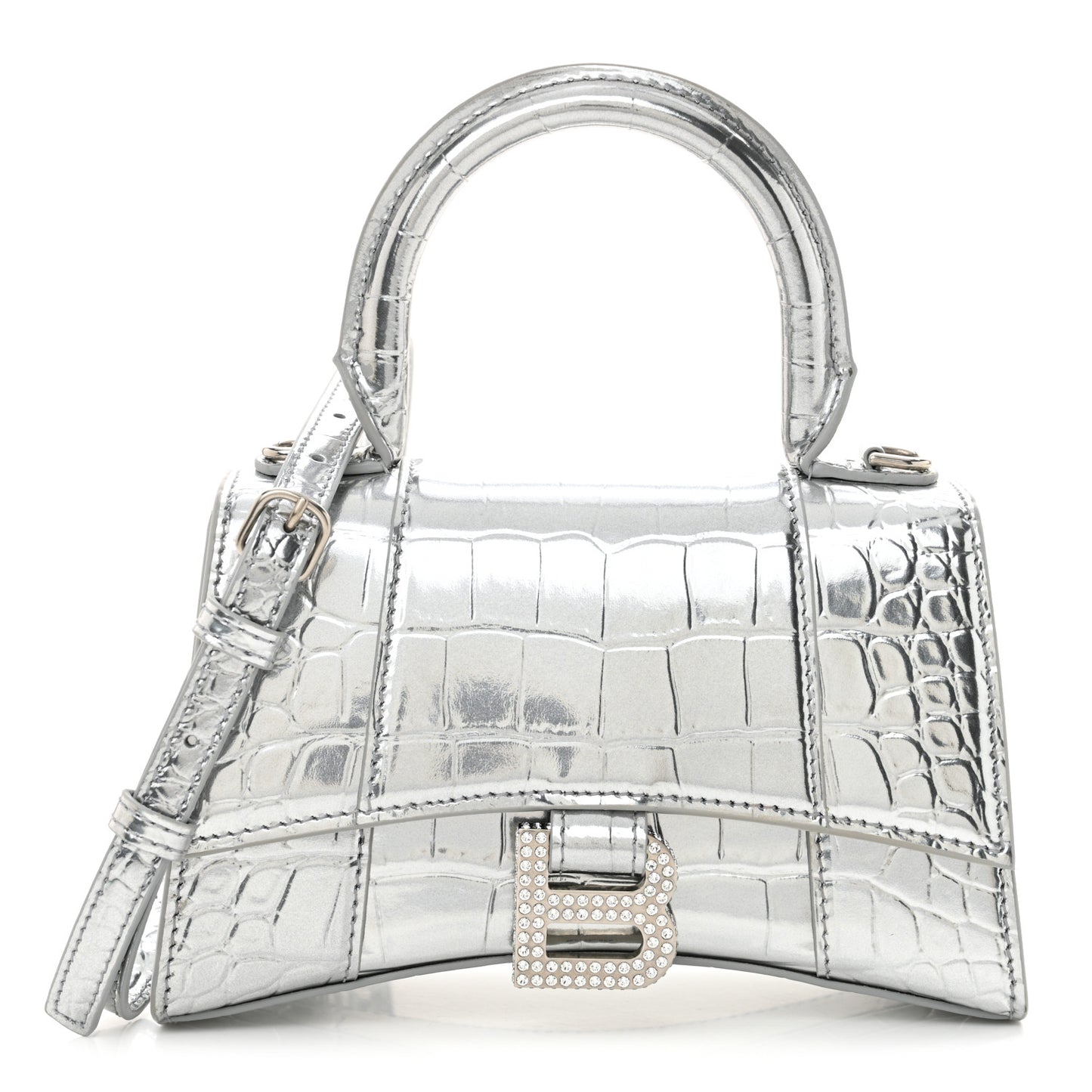 Metallic Calfskin Crocodile Embossed Crystal Hourglass Top Handle Bag XS Silver
