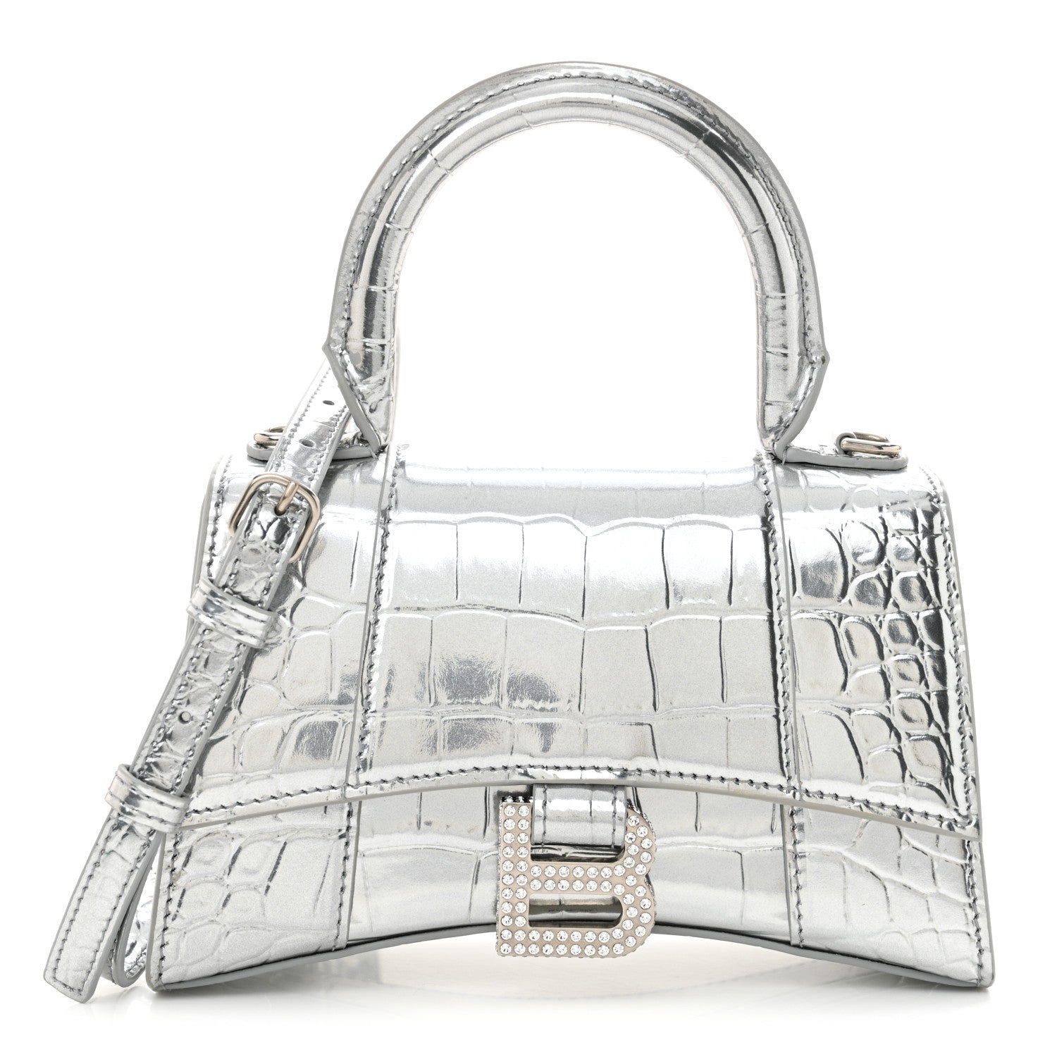 Balenciaga Metallic Calfskin Crocodile Embossed Crystal Hourglass Top Handle Bag XS Silver 1 of 12