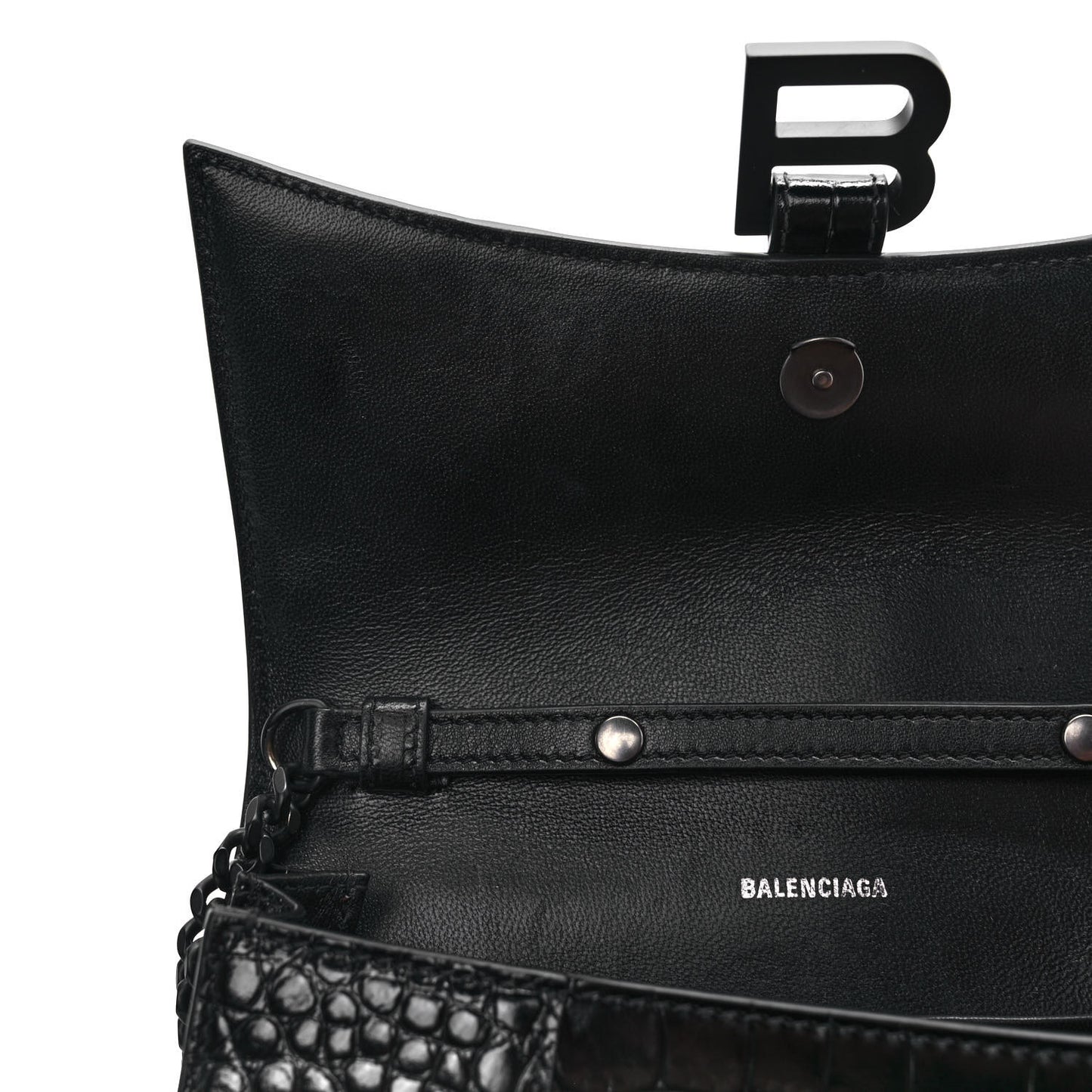 Shiny Calfskin Monochrome Crocodile Embossed Small Hourglass Evening Chain Bag Black